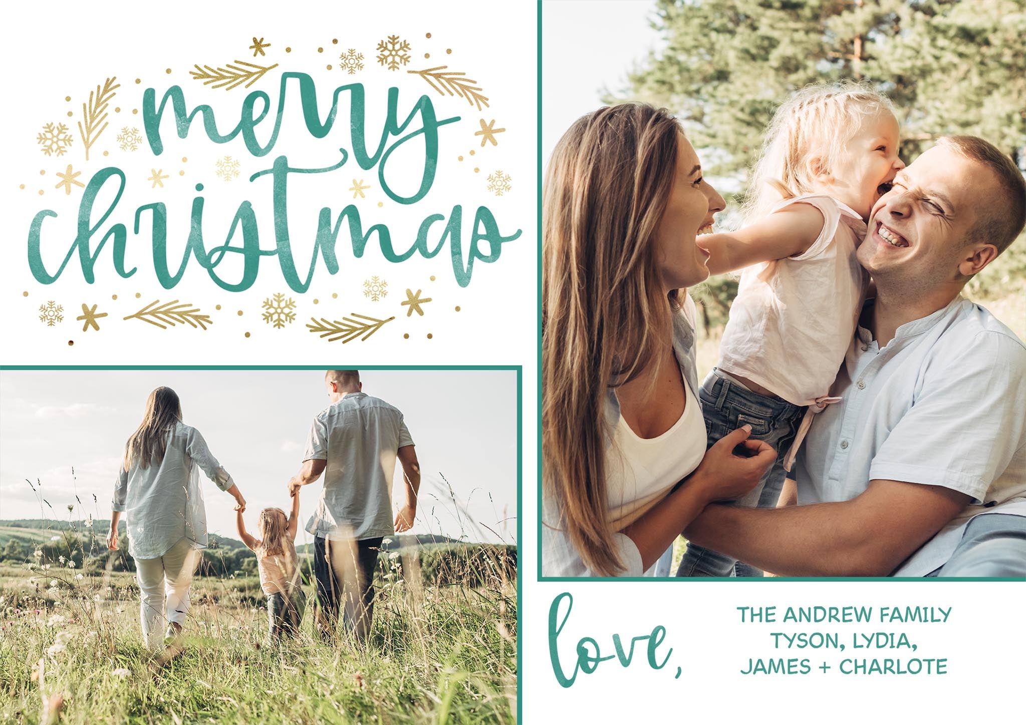 Gold Flurries Single Sided Photo Card in Green, 5x7, Horizontal