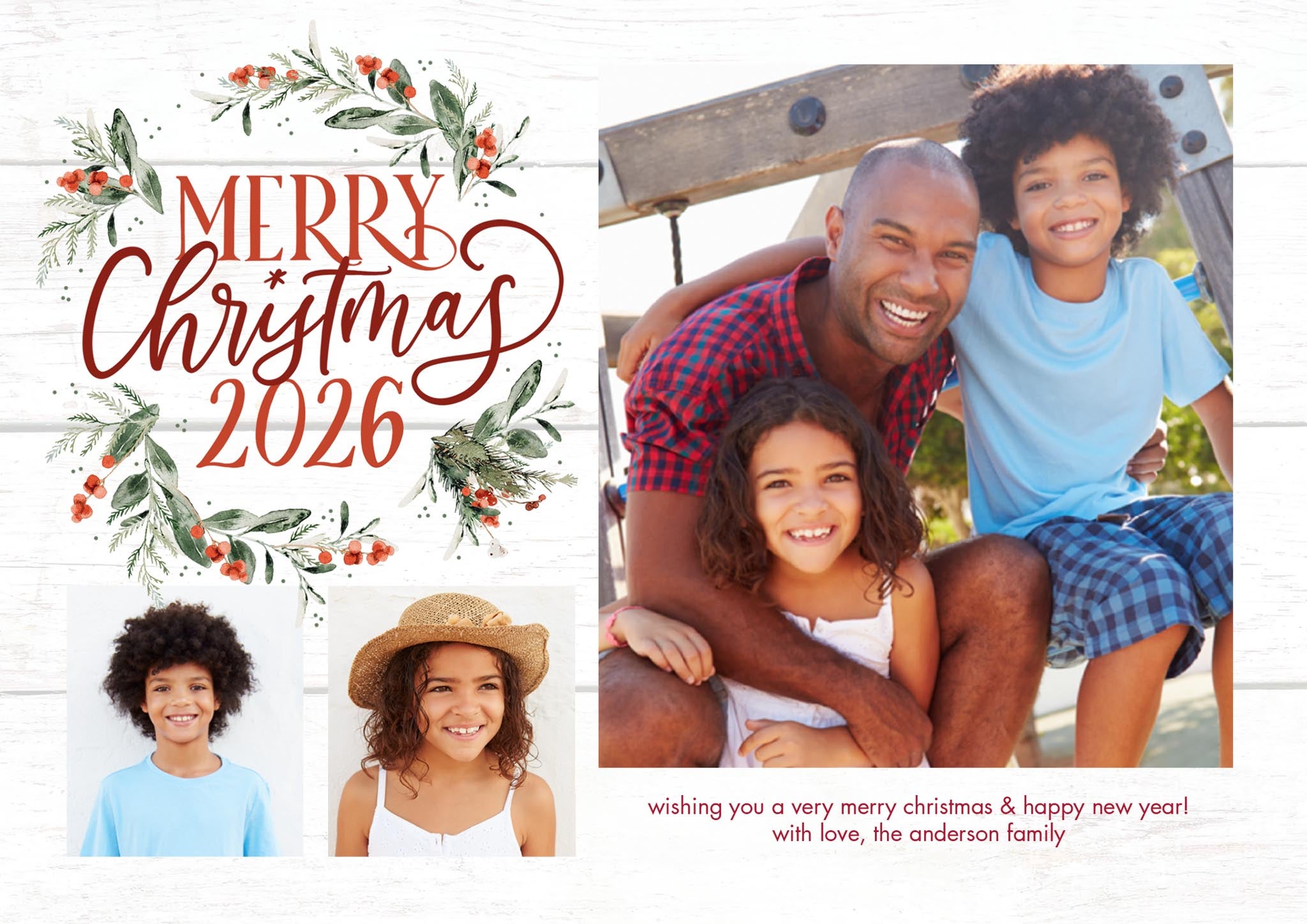 2026 Christmas Rustic Wreath Premium Double Sided Photo Card in Red, 5x7, Landscape