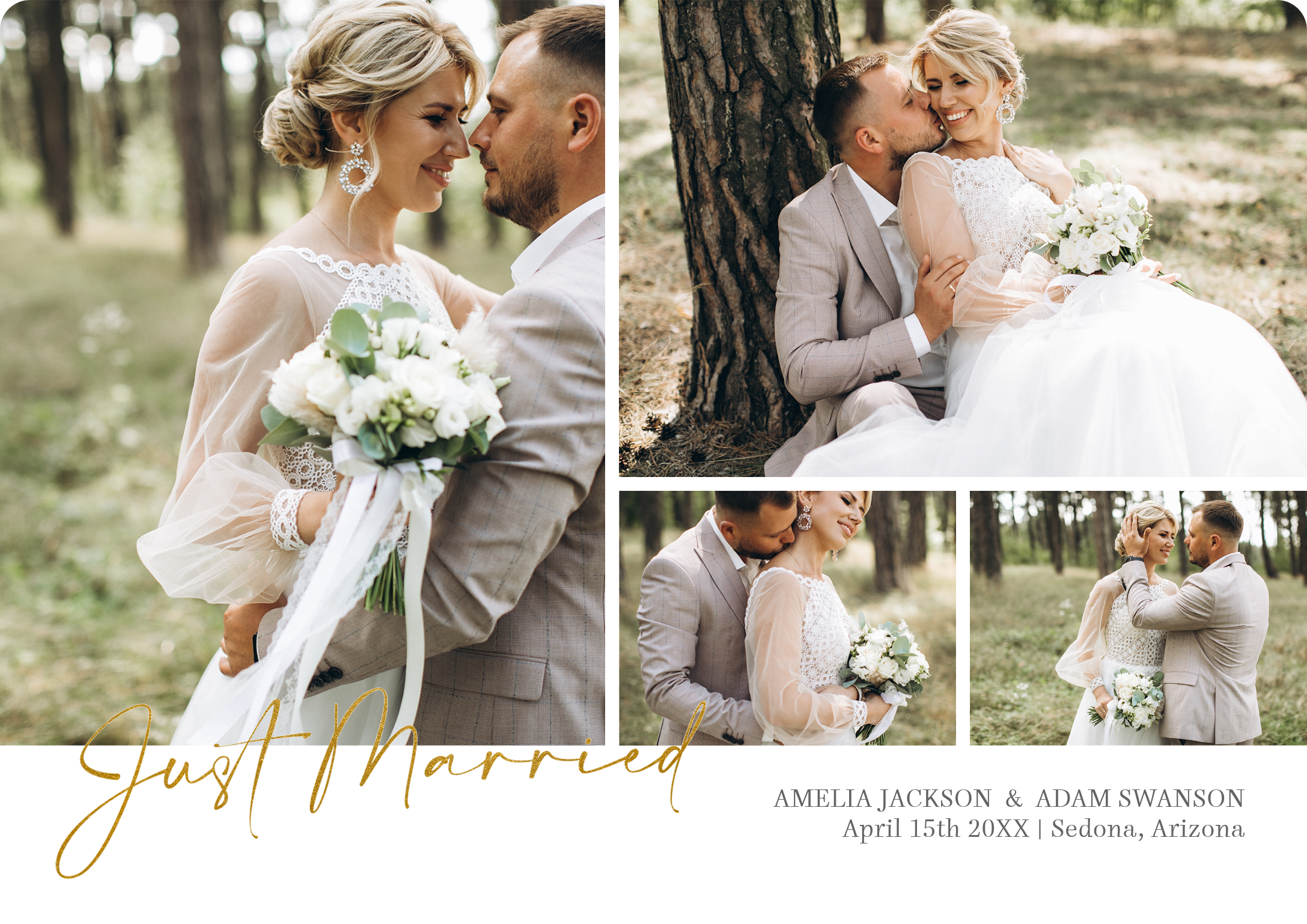 Just Married Collage Single Sided Photo Card in White, 5x7, Horizontal