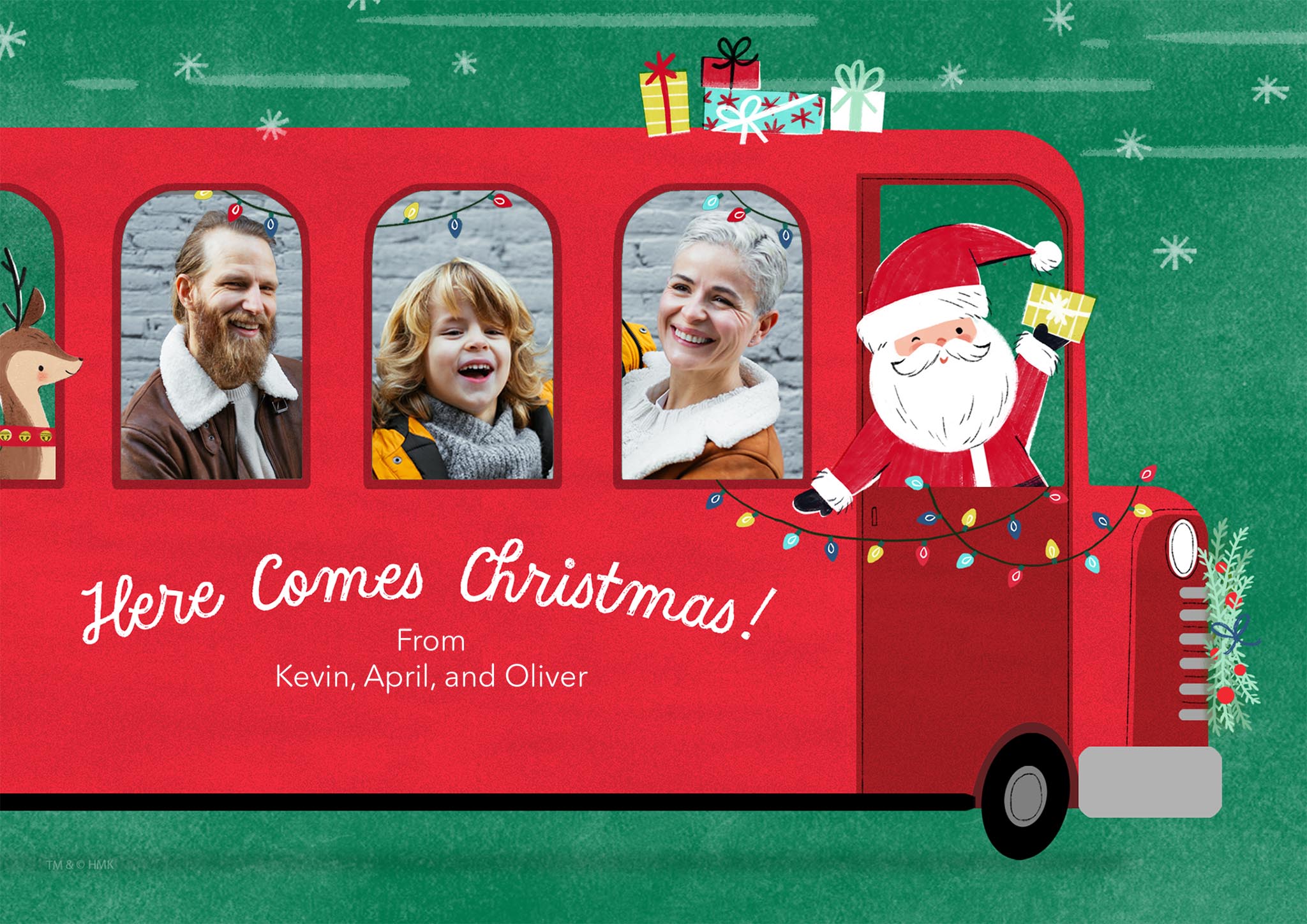 Fun Here Comes Christmas Single Sided Photo Card in Green, 5x7, Horizontal