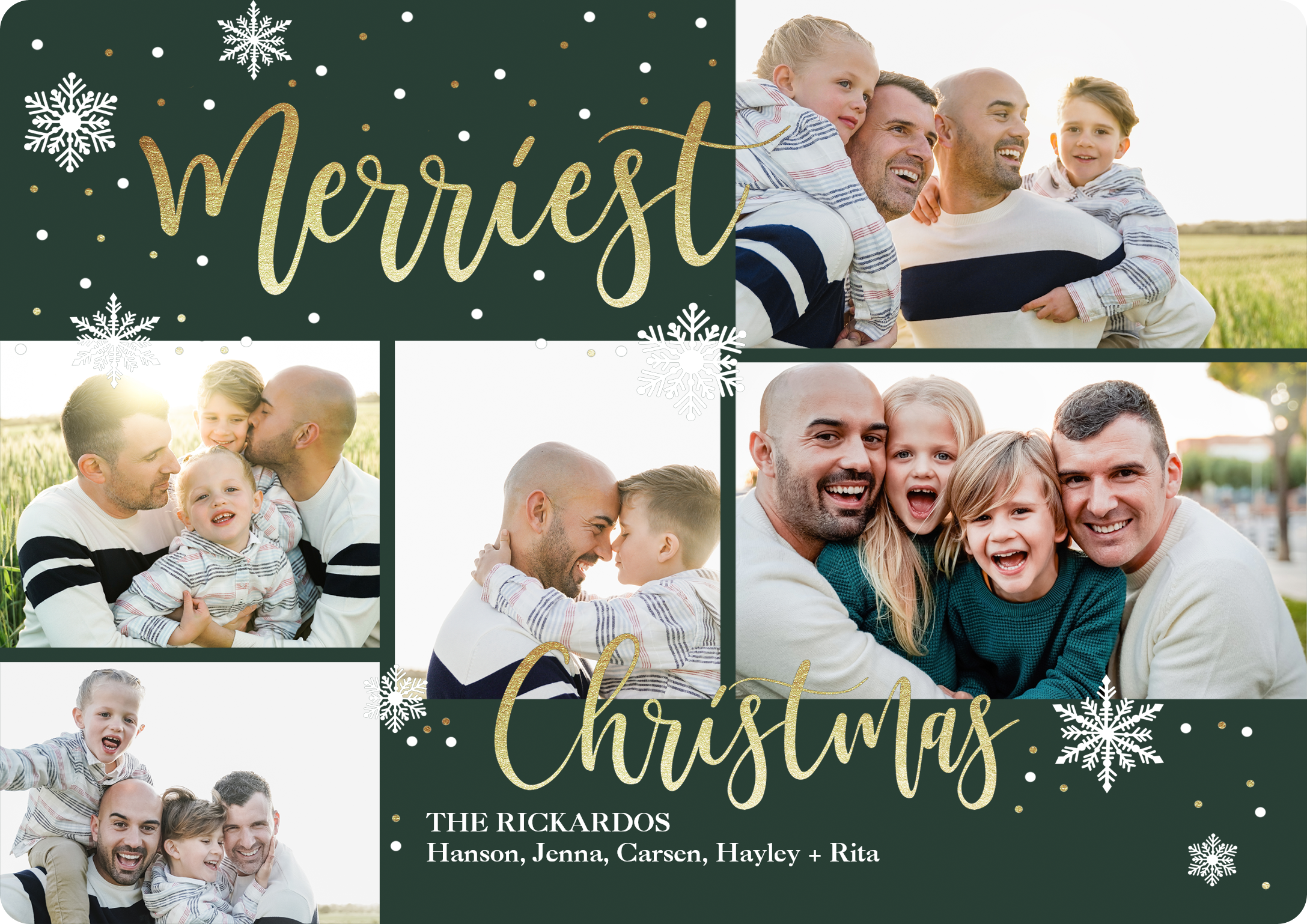 Gold Snowfall Collage Premium Double Sided Photo Card in Green, 5x7, Horizontal