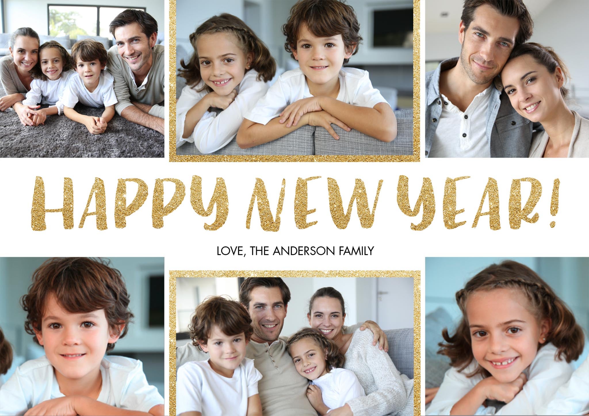New Year Collage Premium Double Sided Photo Card in Gold, 5x7, Landscape