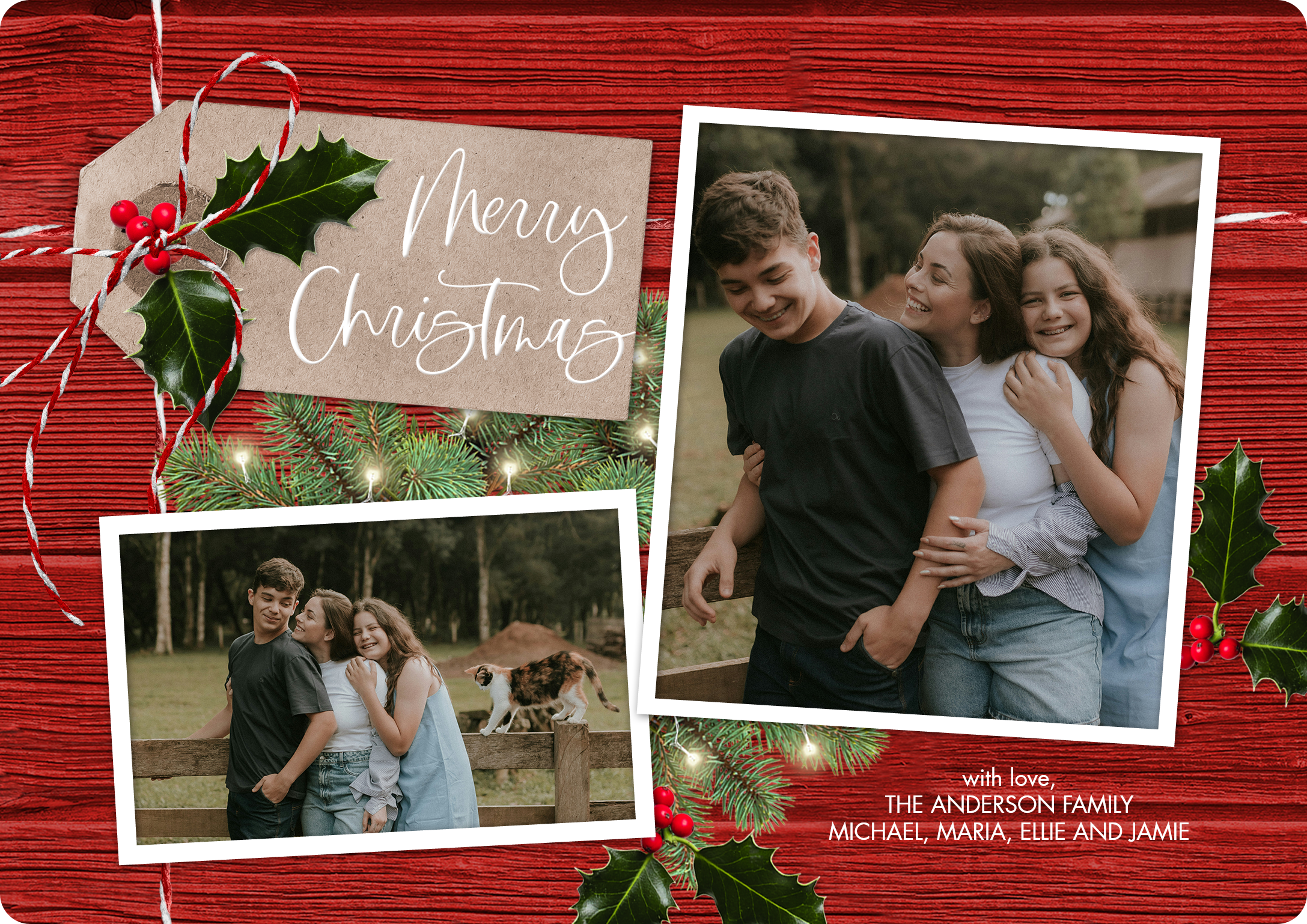 Christmas Scrapbook Premium Double Sided Photo Card in Red, 5x7, Landscape