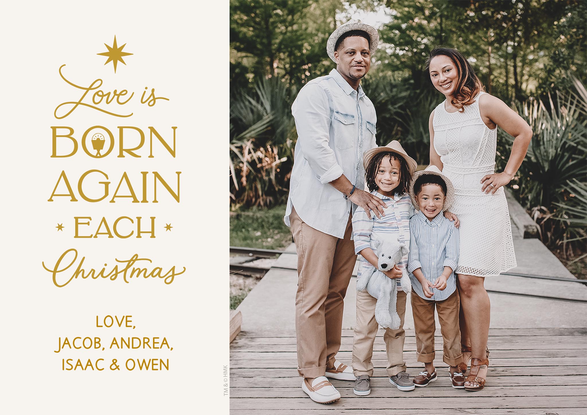Love Is Born At Christmas Single Sided Photo Card in Gold, 5x7, Horizontal