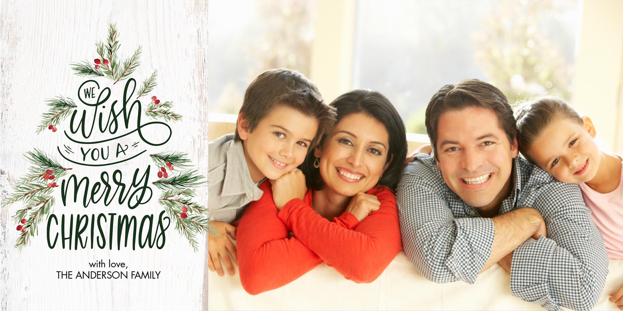 Christmas Tree Berries Collage Photo Card, Square in Green, 4x8, Landscape
