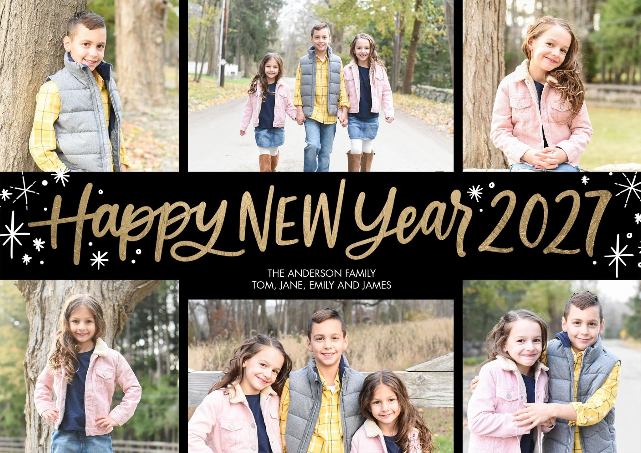 2027 New Year Handlettered Premium Double Sided Photo Card in Gold, 5x7, Landscape