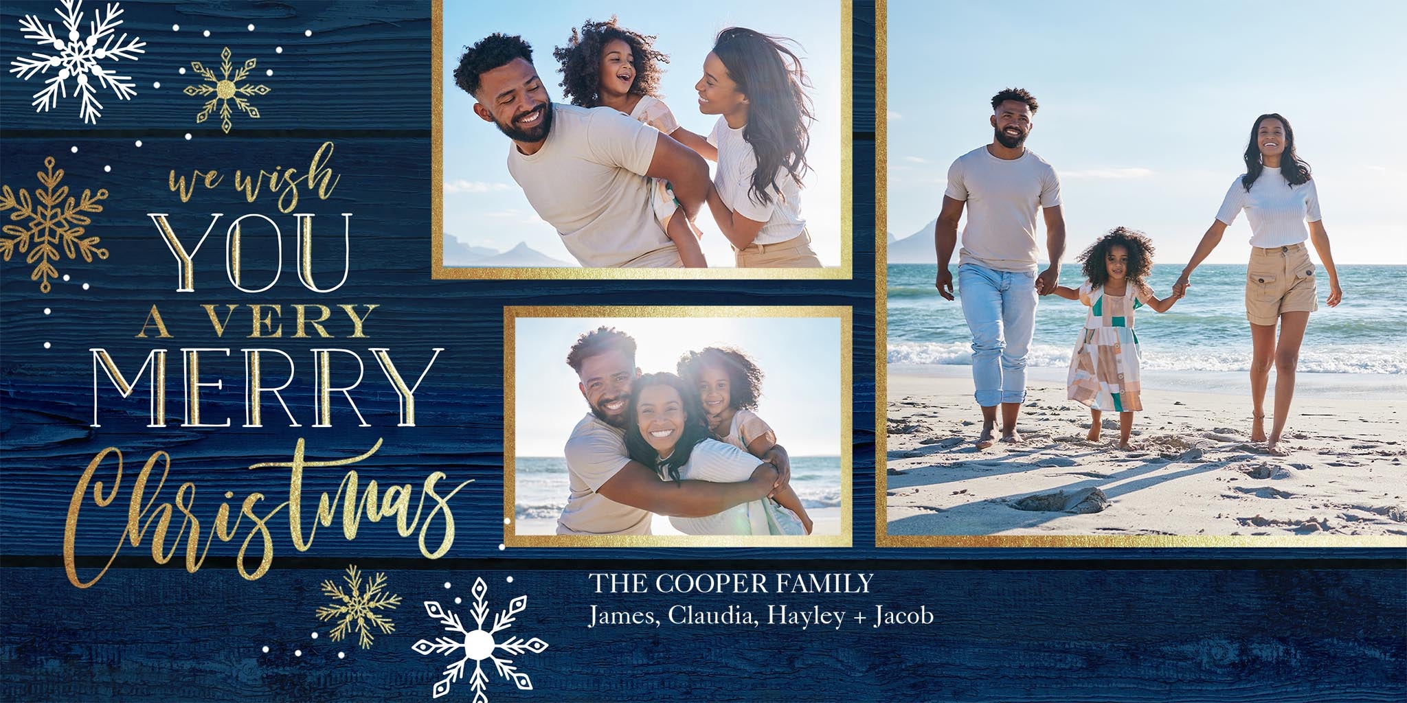 Ornate Snowflakes Collage Photo Card, Square in Blue, 4x8, Horizontal