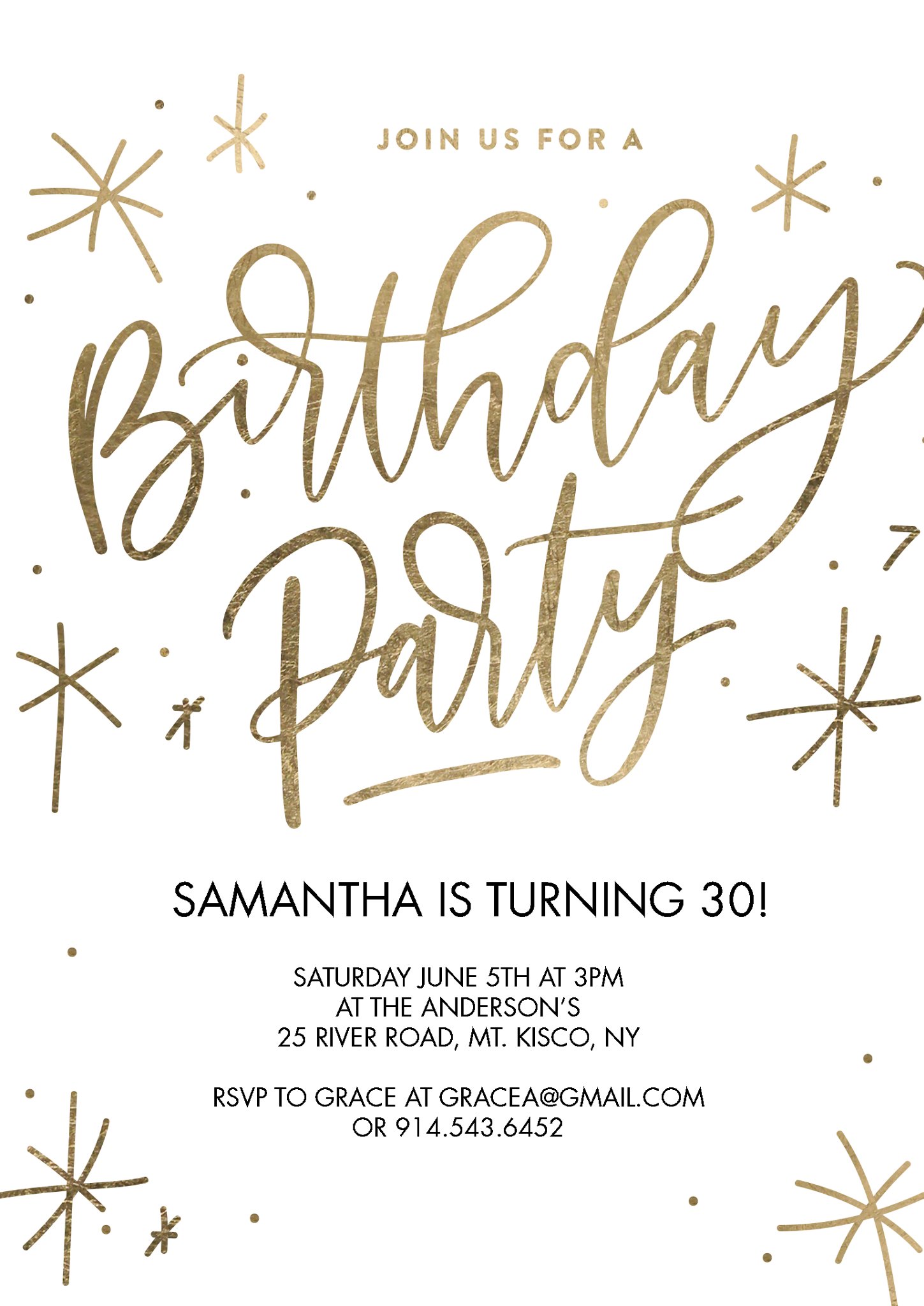 Birthday Party Sparkling Gold Premium Double Sided Photo Card in White, 5x7, Portrait