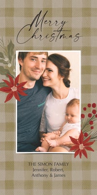 Poinsettia Plaid Photo Card, Square, 4x8