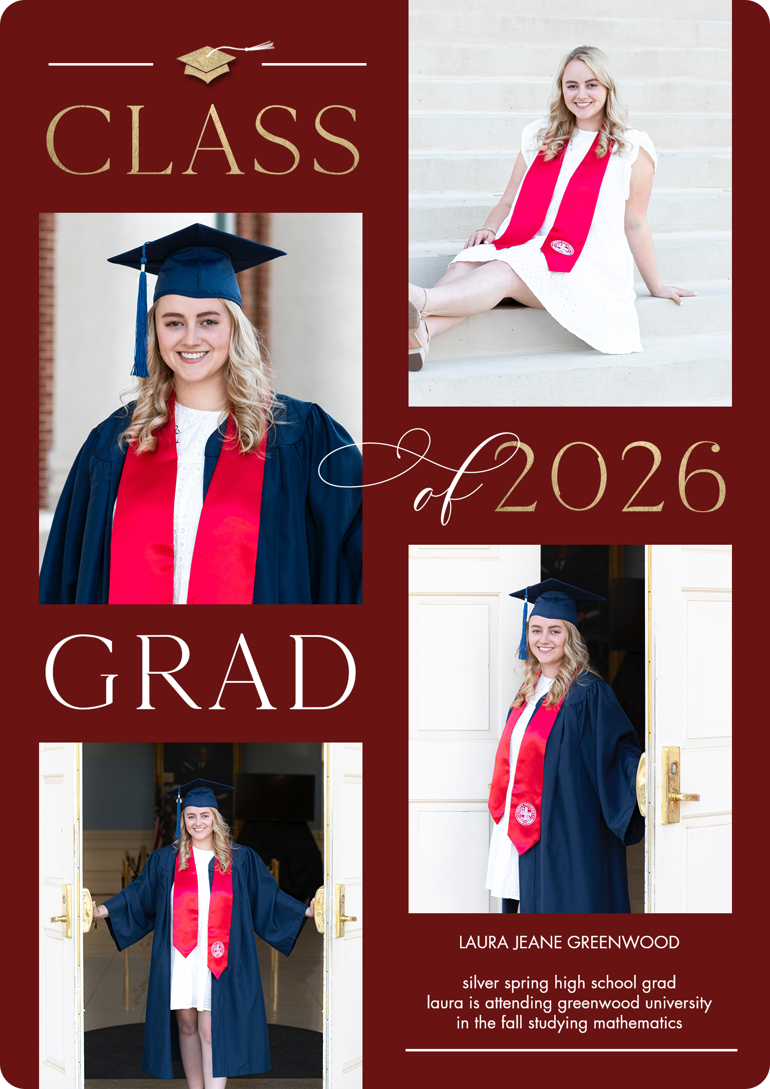 Grad Class 2026 Premium Double Sided Photo Card in Red, 5x7, Vertical