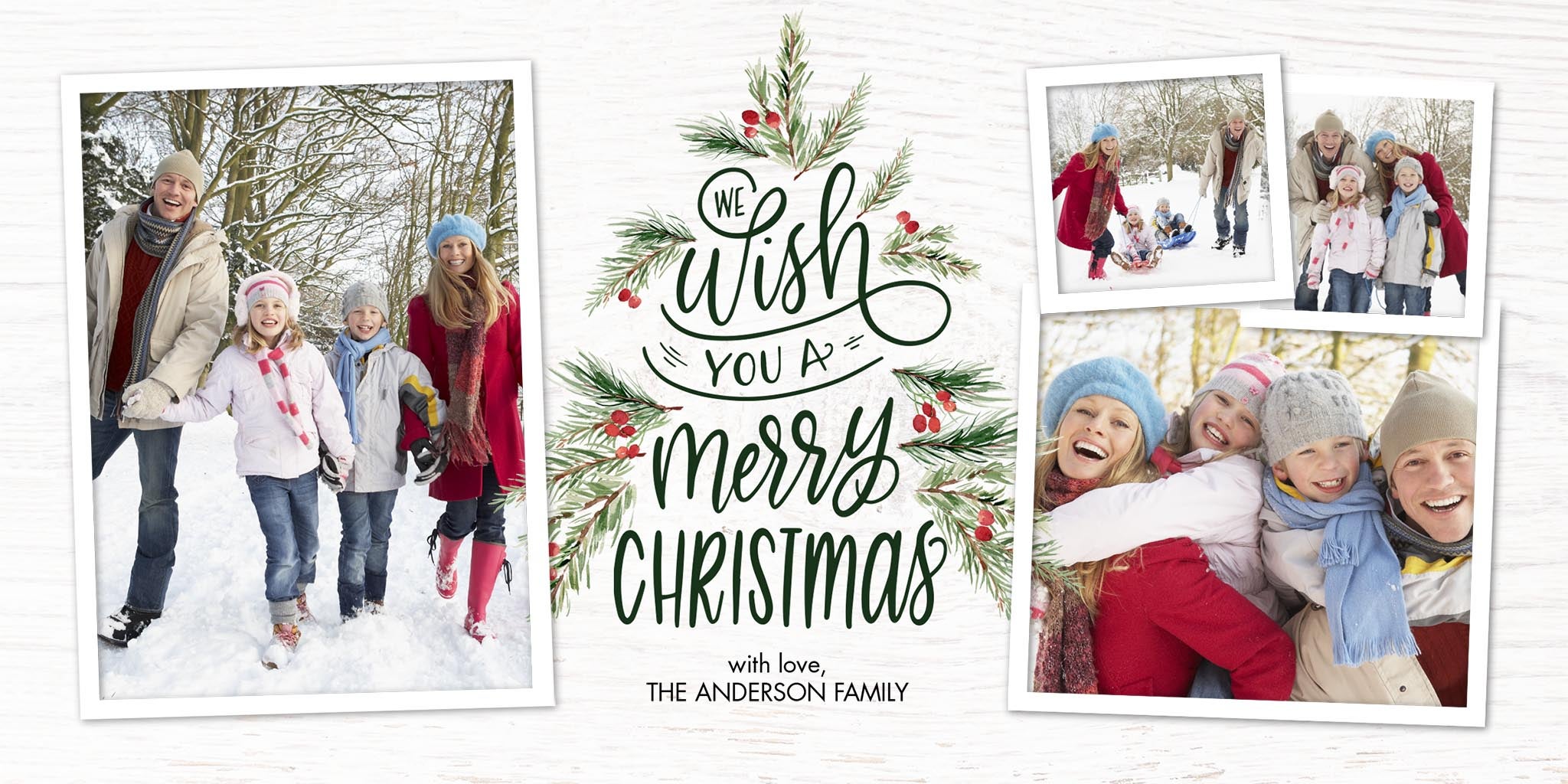 Christmas Tree Berries Collage Photo Card, Square in Red, 4x8, Landscape
