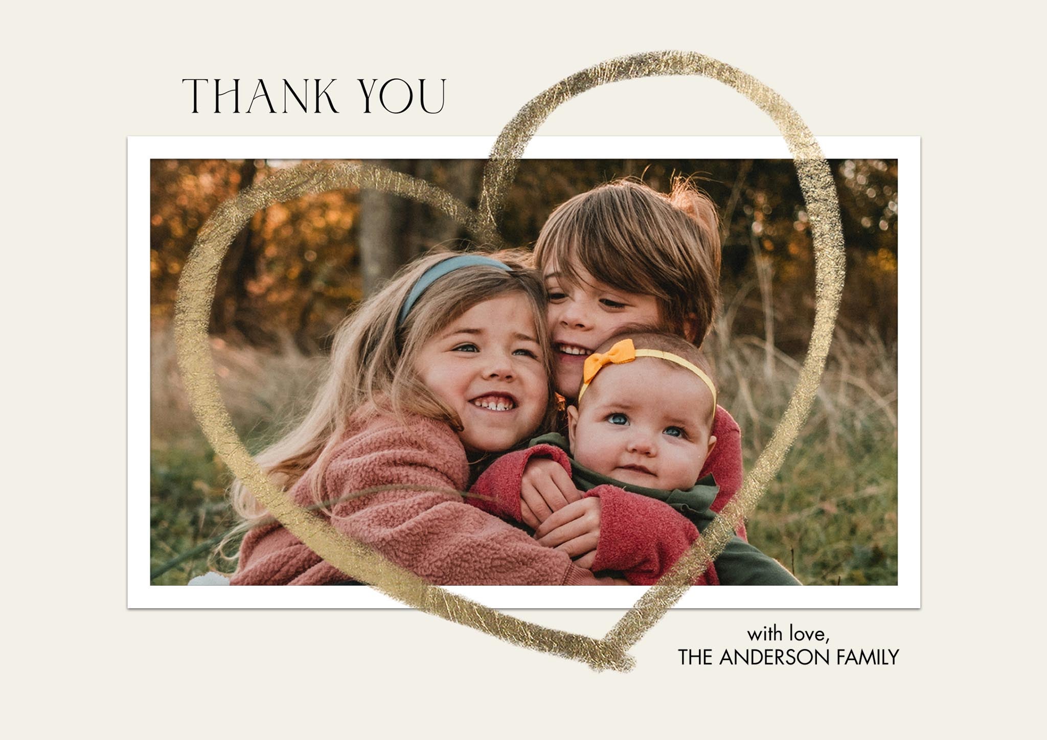 Thank You Drawn Heart Premium Double Sided Photo Card in Gold, 5x7, Landscape