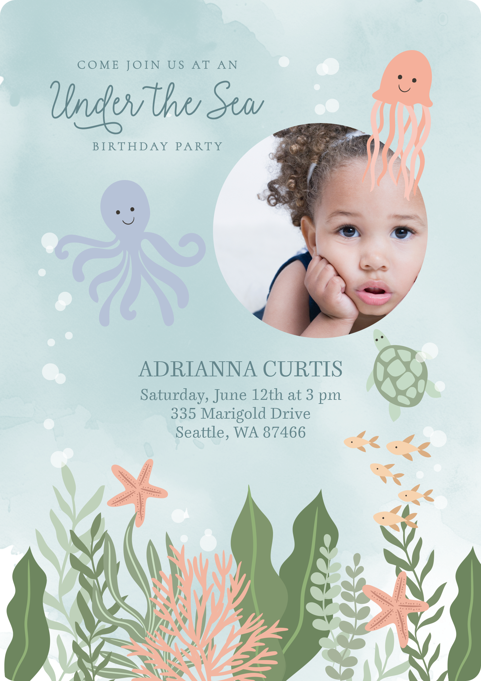 Under The Sea Celebration Portrait Single Sided Photo Card in Blue, 5x7, Vertical
