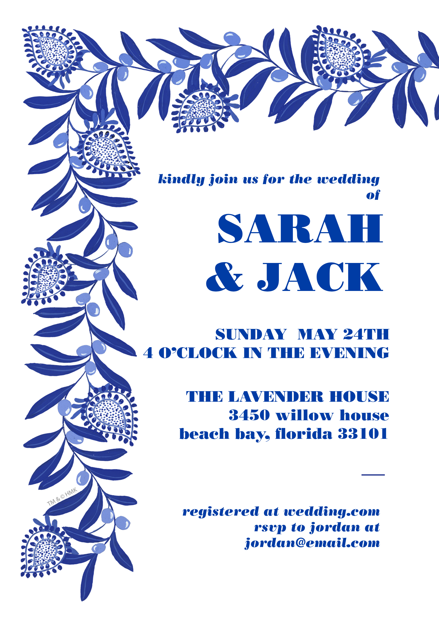 Blue Botanical Wedding Invitation Premium Double Sided Photo Card, 5x7, Vertical