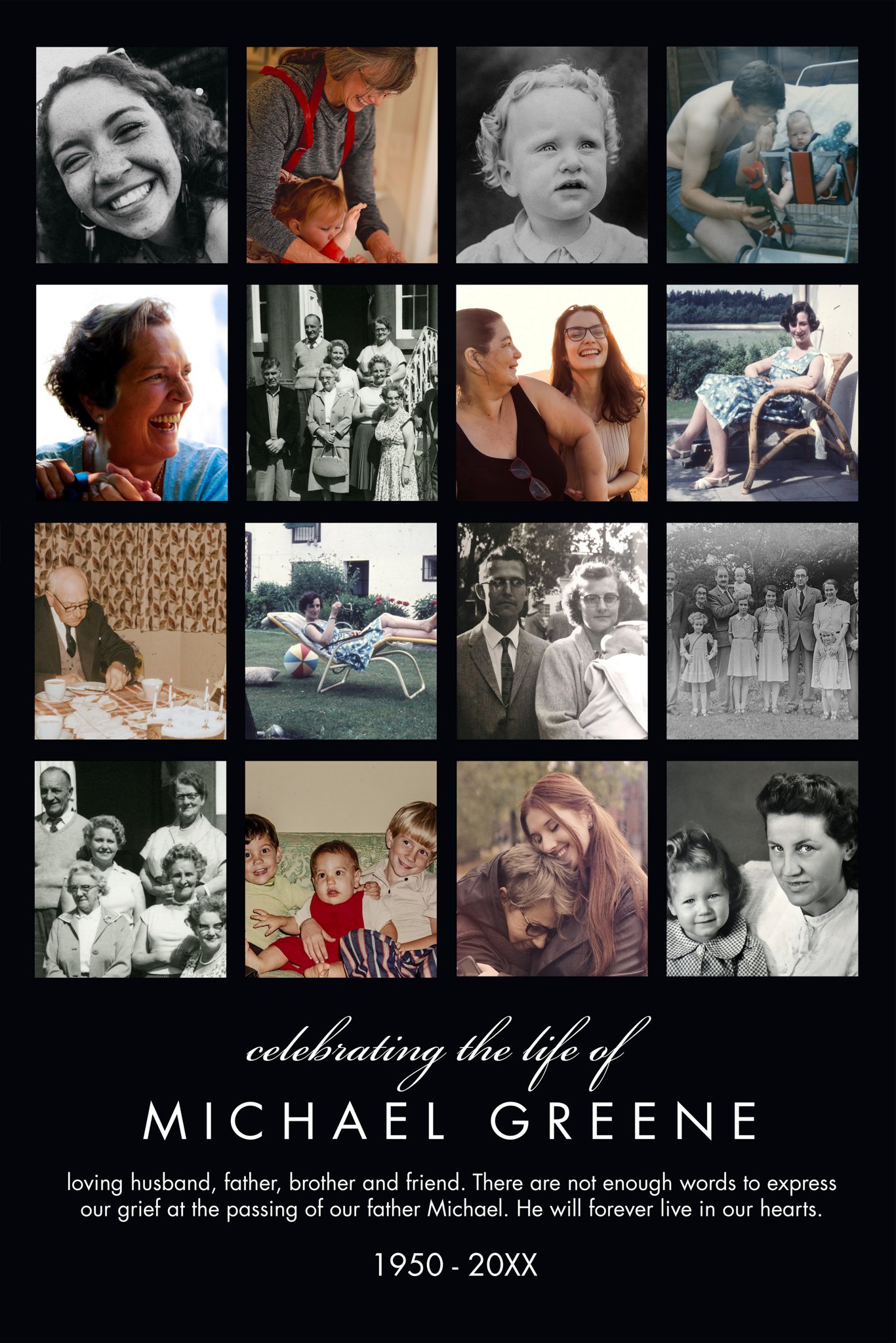 Poster Prints 24x36 Portrait Memorial Collage of 16 Customizable in Black, Portrait