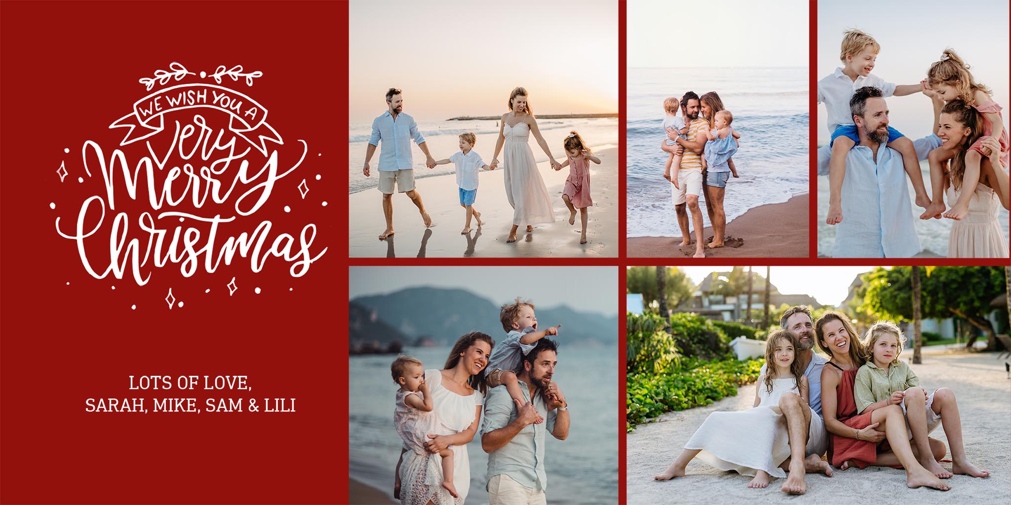 Christmas Collage Photo Card, Square in Red, 4x8, Horizontal