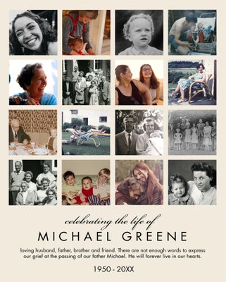 Portrait Memorial Collage of 16 Board Prints