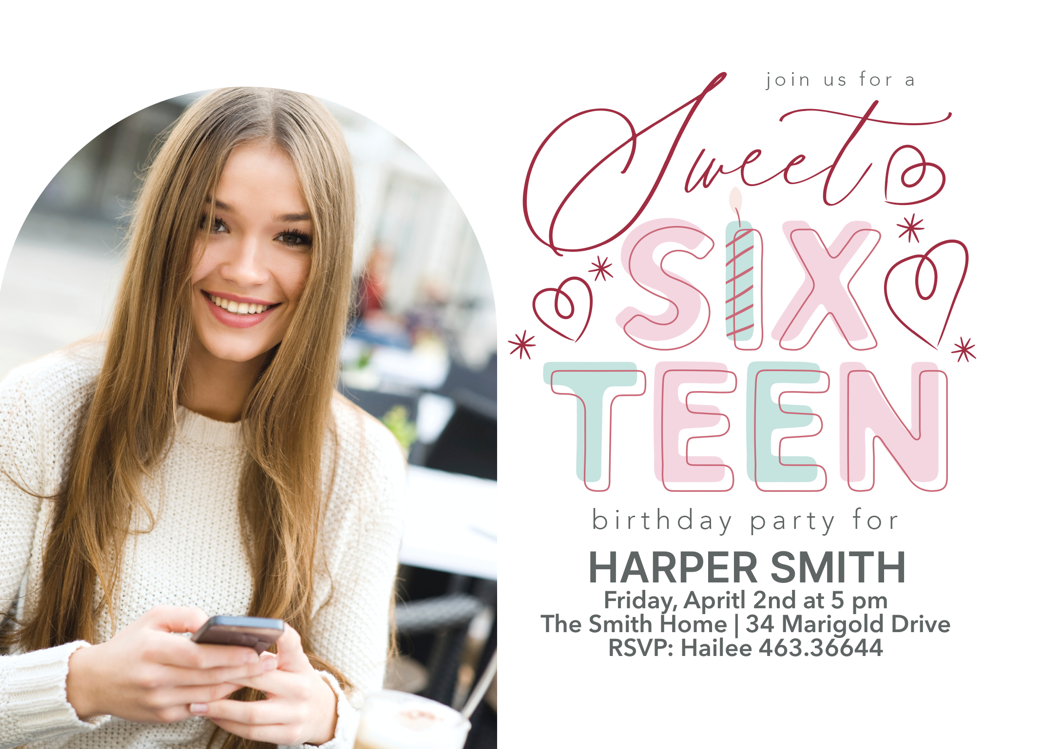 Sweet Sixteen Single Sided Photo Card in White, 5x7, Horizontal