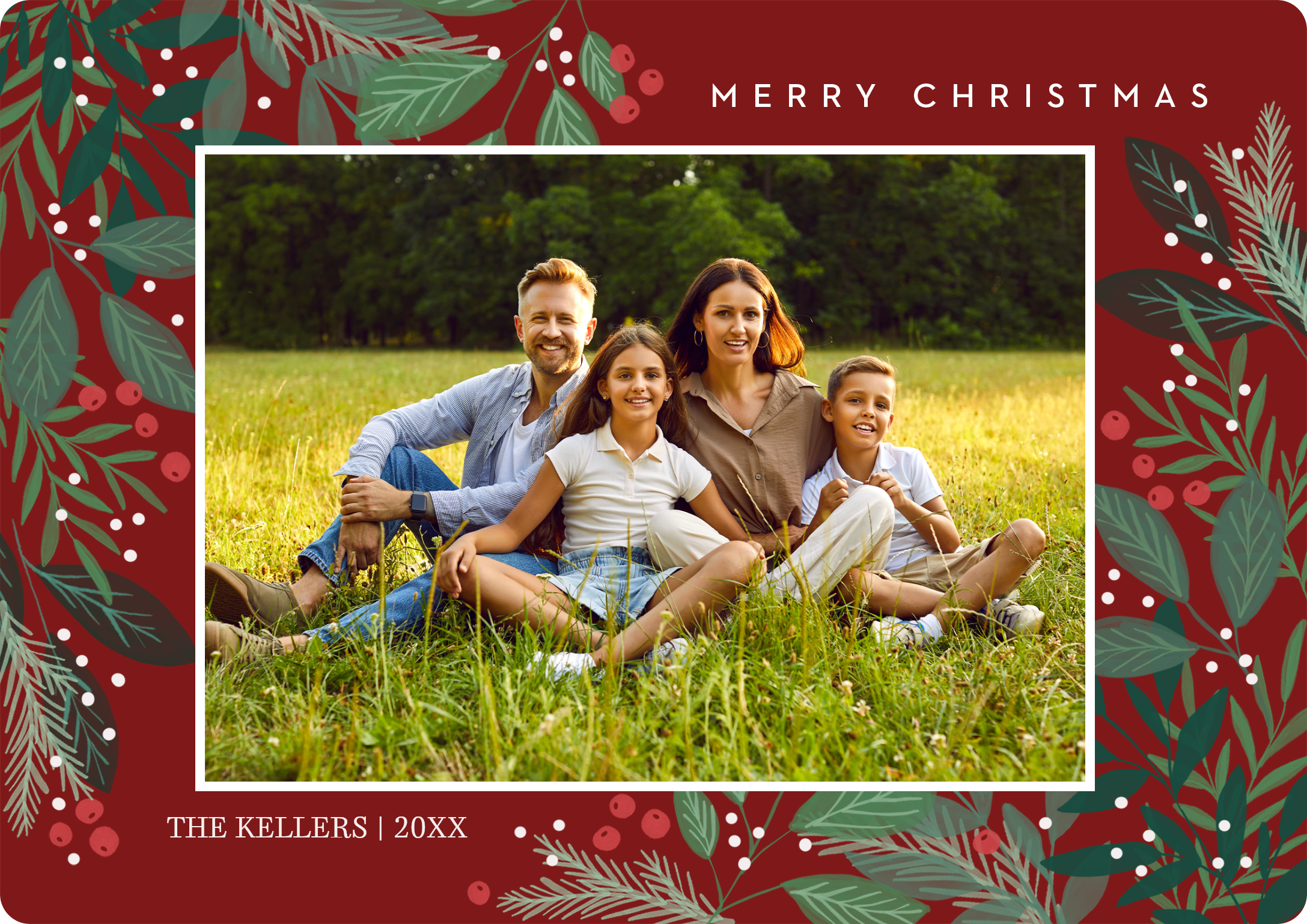 Merry Holly Premium Double Sided Photo Card in Red, 5x7, Horizontal