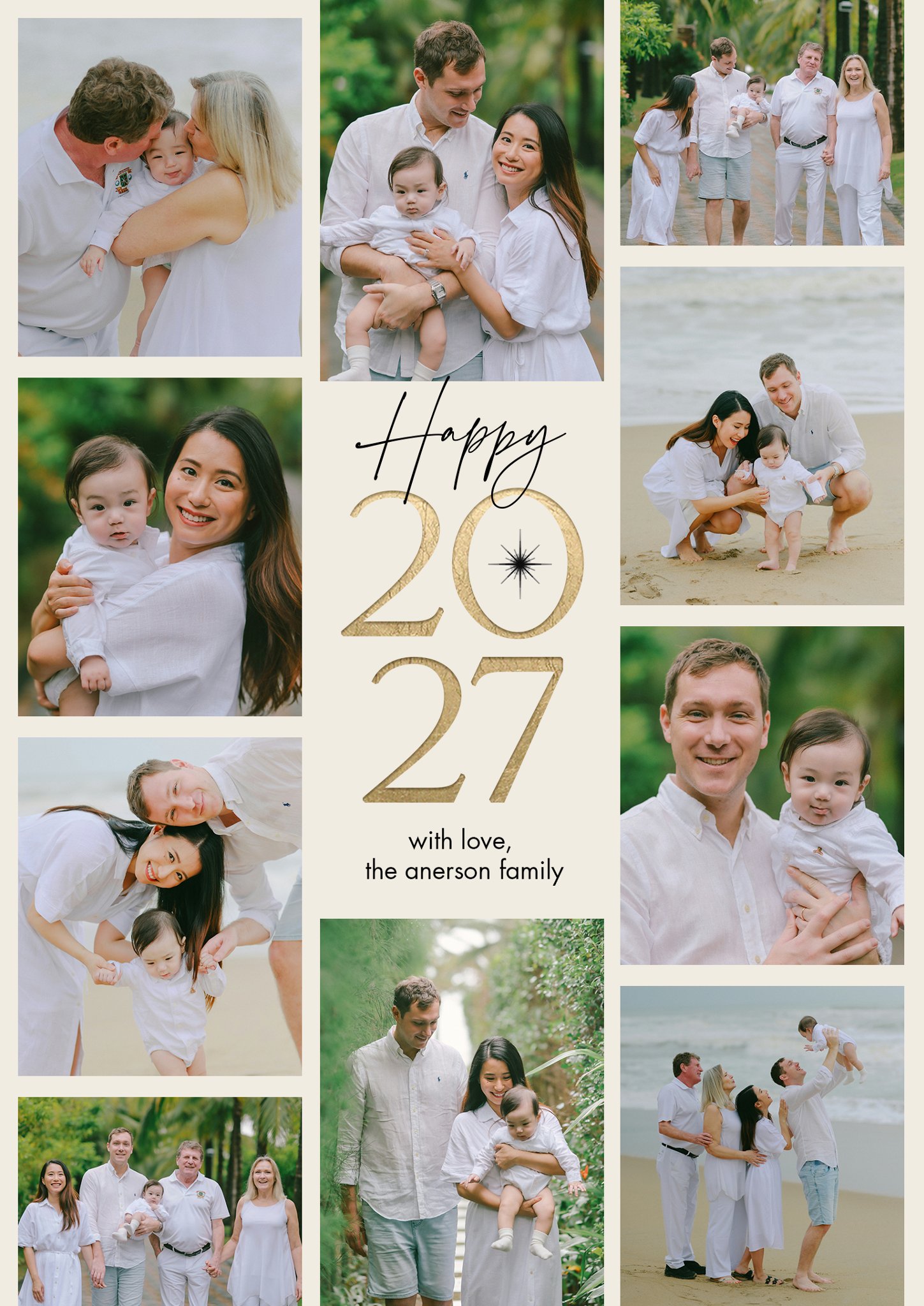 2027 New Year Modern Grid Premium Double Sided Photo Card in Gold, 5x7, Portrait