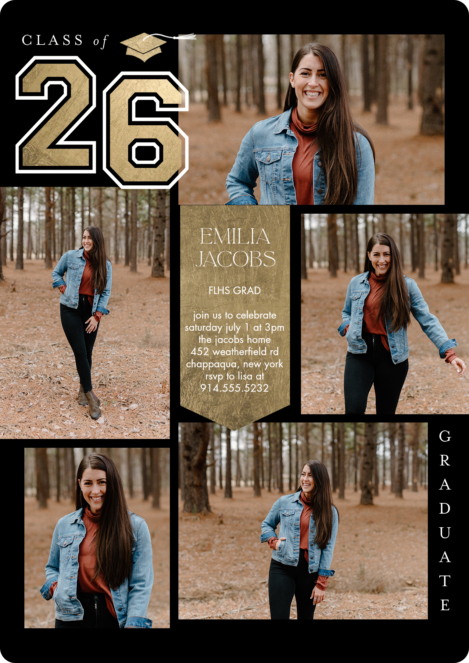 2026 Grad Grid Premium Double Sided Photo Card in Gold, 5x7, Vertical