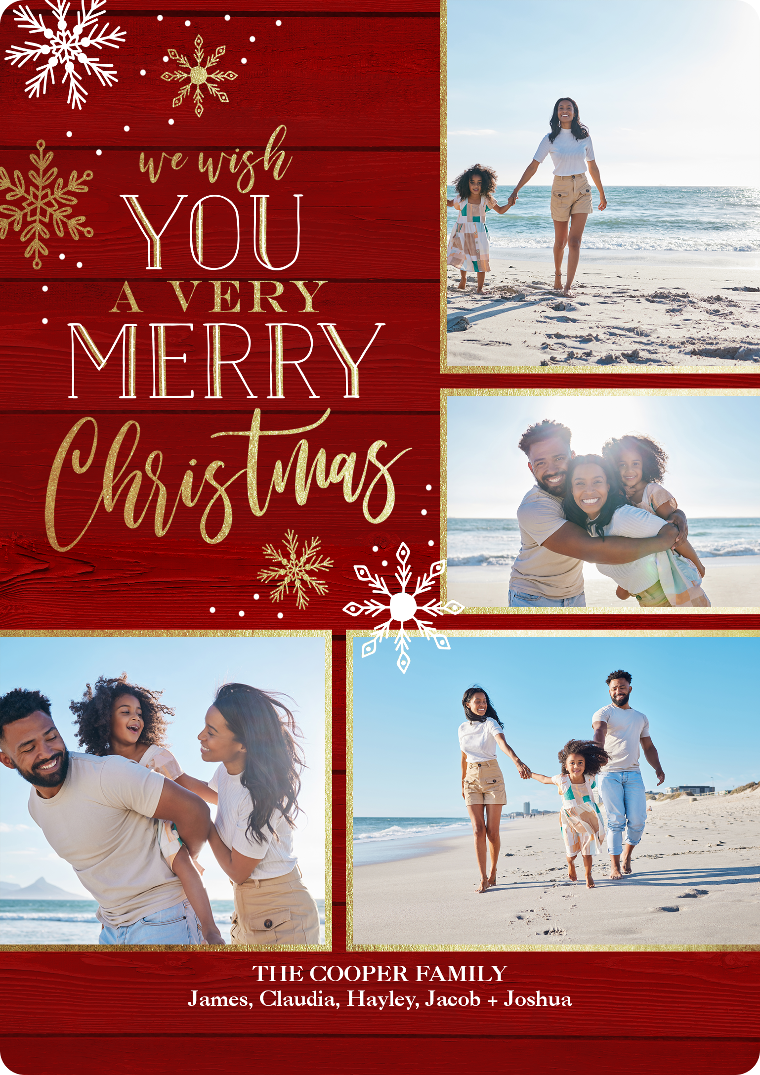 Ornate Snowflakes Collage Premium Double Sided Photo Card in Red, 5x7, Vertical