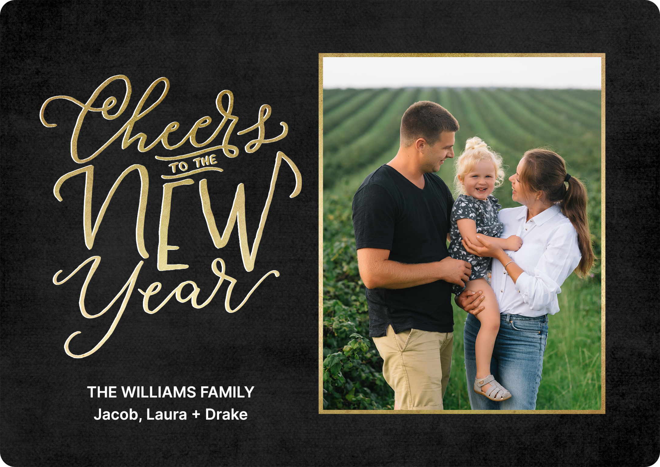 New Year Cheer Collage Premium Double Sided Photo Card in Black, 5x7, Horizontal