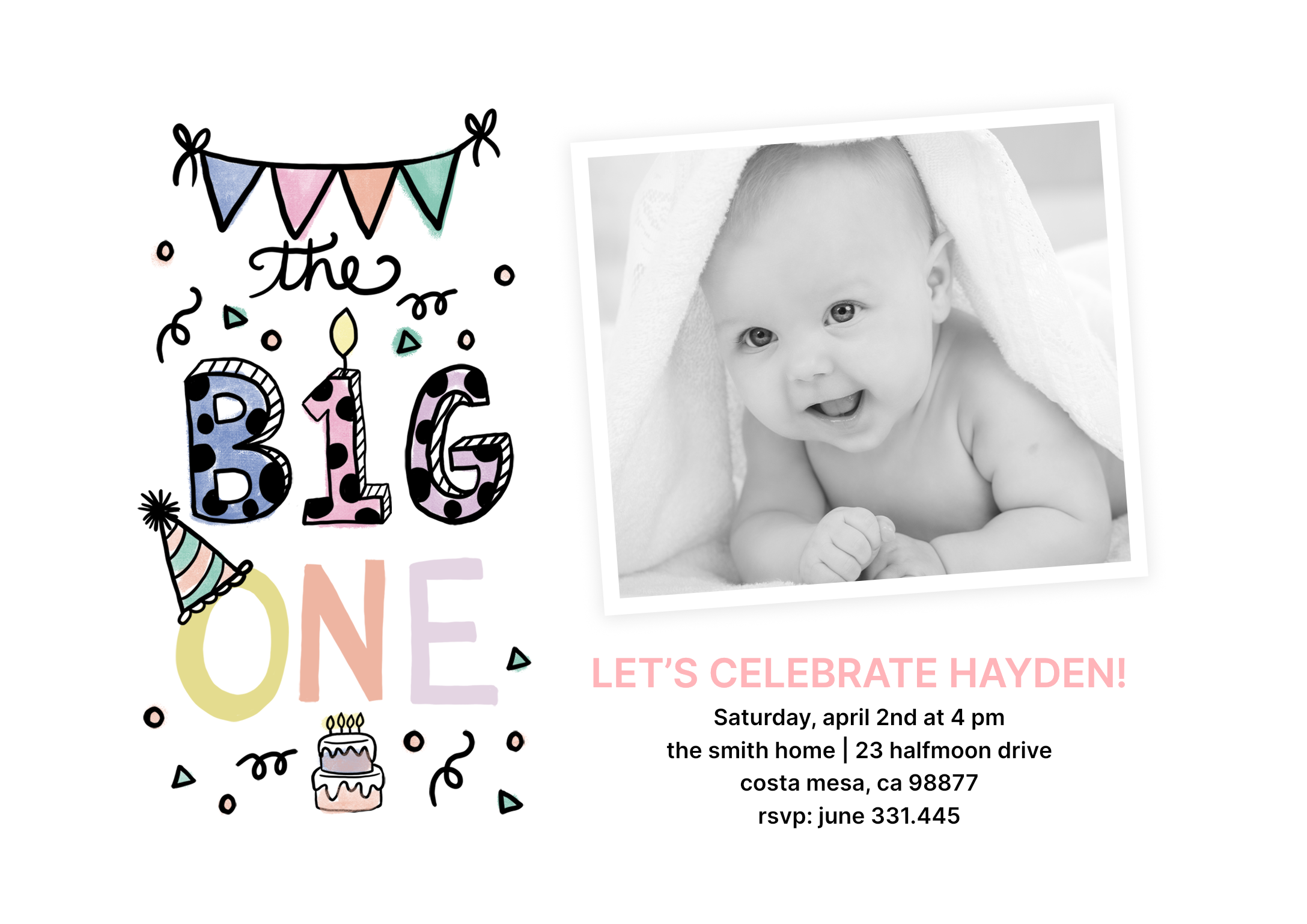The Big One Celebration Premium Double Sided Photo Card in White, 5x7, Horizontal