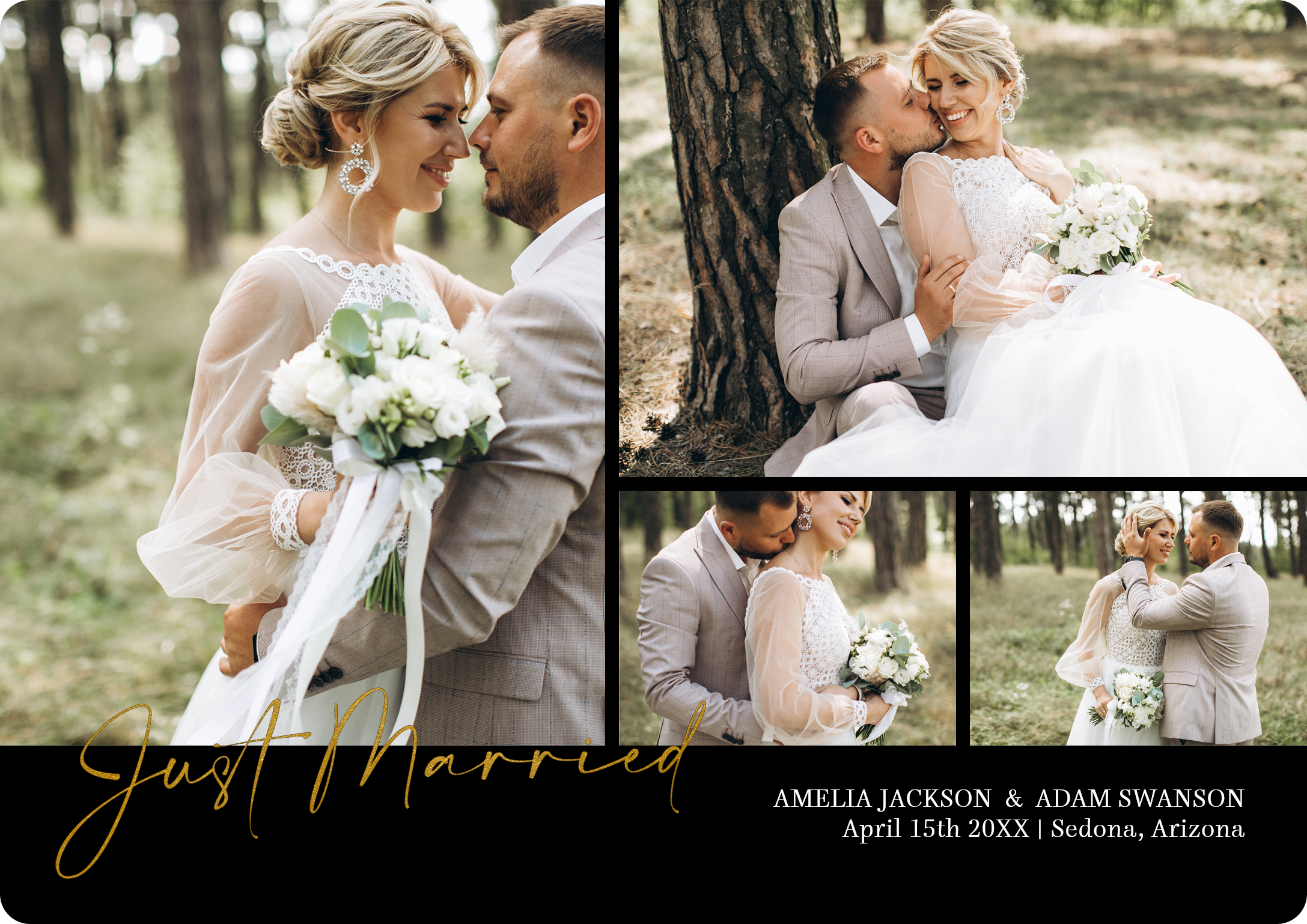 Just Married Collage Premium Double Sided Photo Card in Black, 5x7, Horizontal