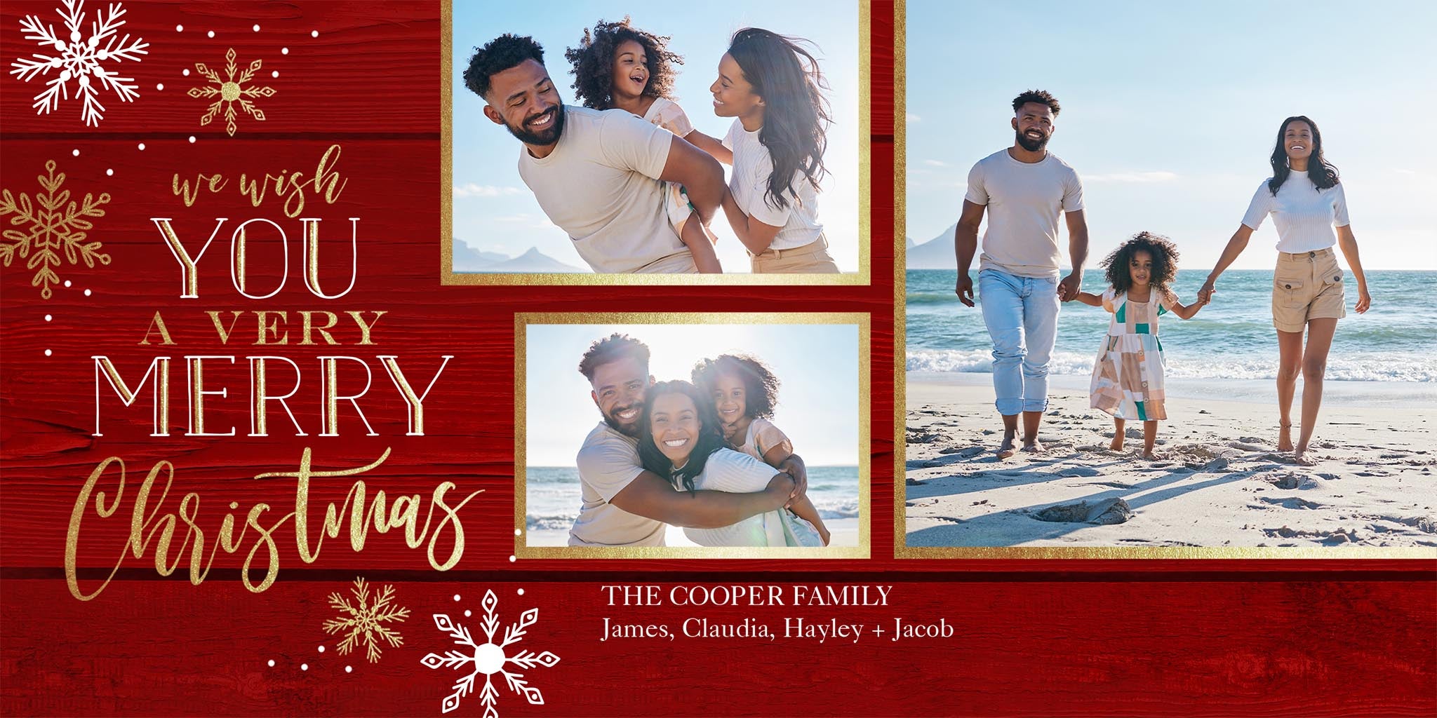 Ornate Snowflakes Collage Photo Card, Square in Red, 4x8, Horizontal