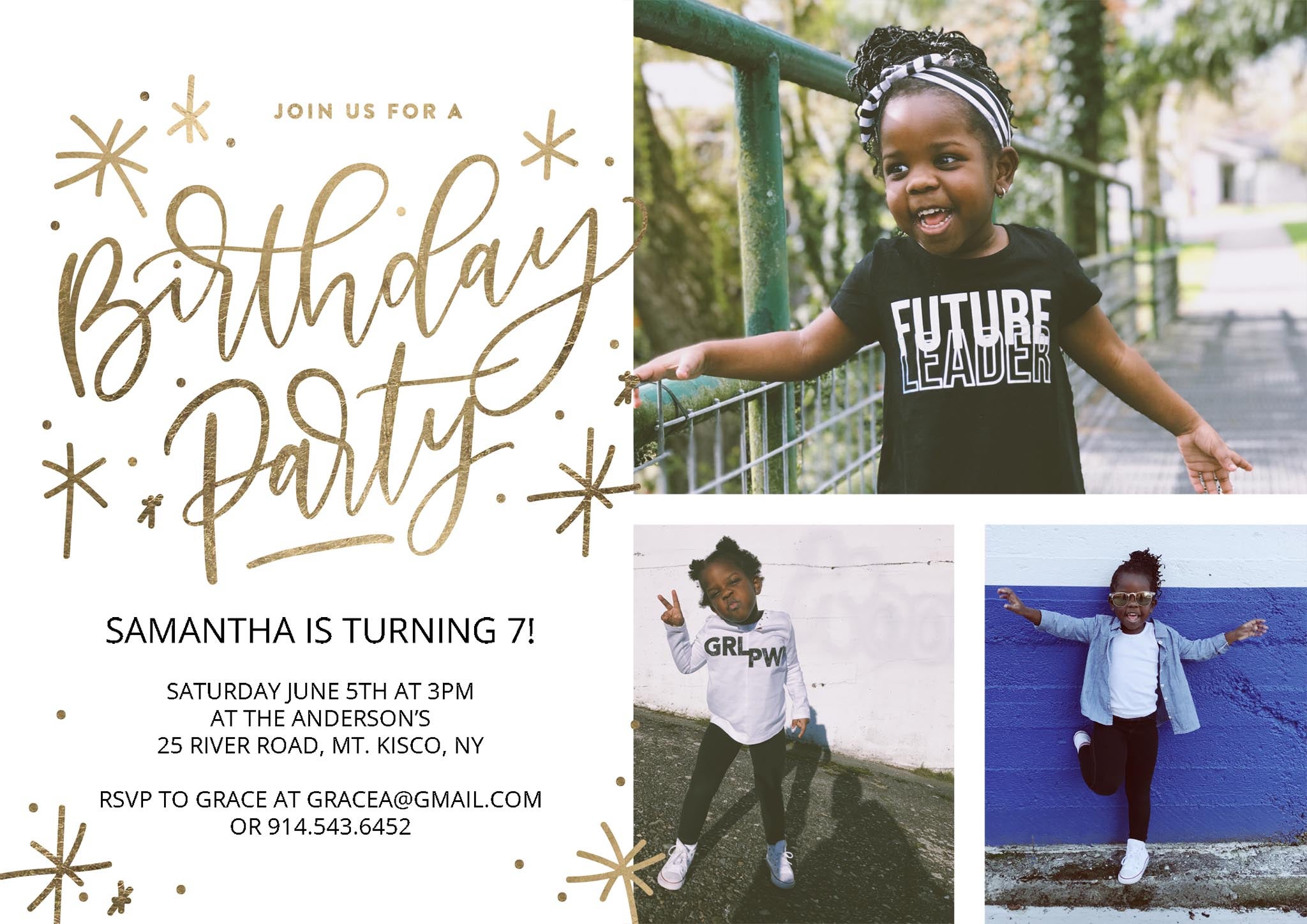 Birthday Party Gold Stars Single Sided Photo Card in White, 5x7, Landscape