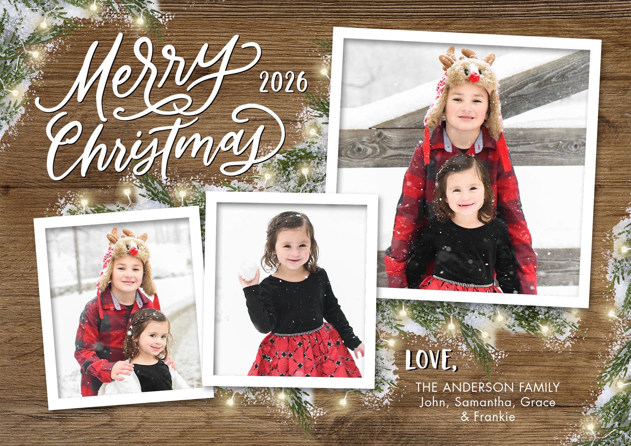 Christmas 2026 Woodgrain Premium Double Sided Photo Card in Brown, 5x7, Landscape