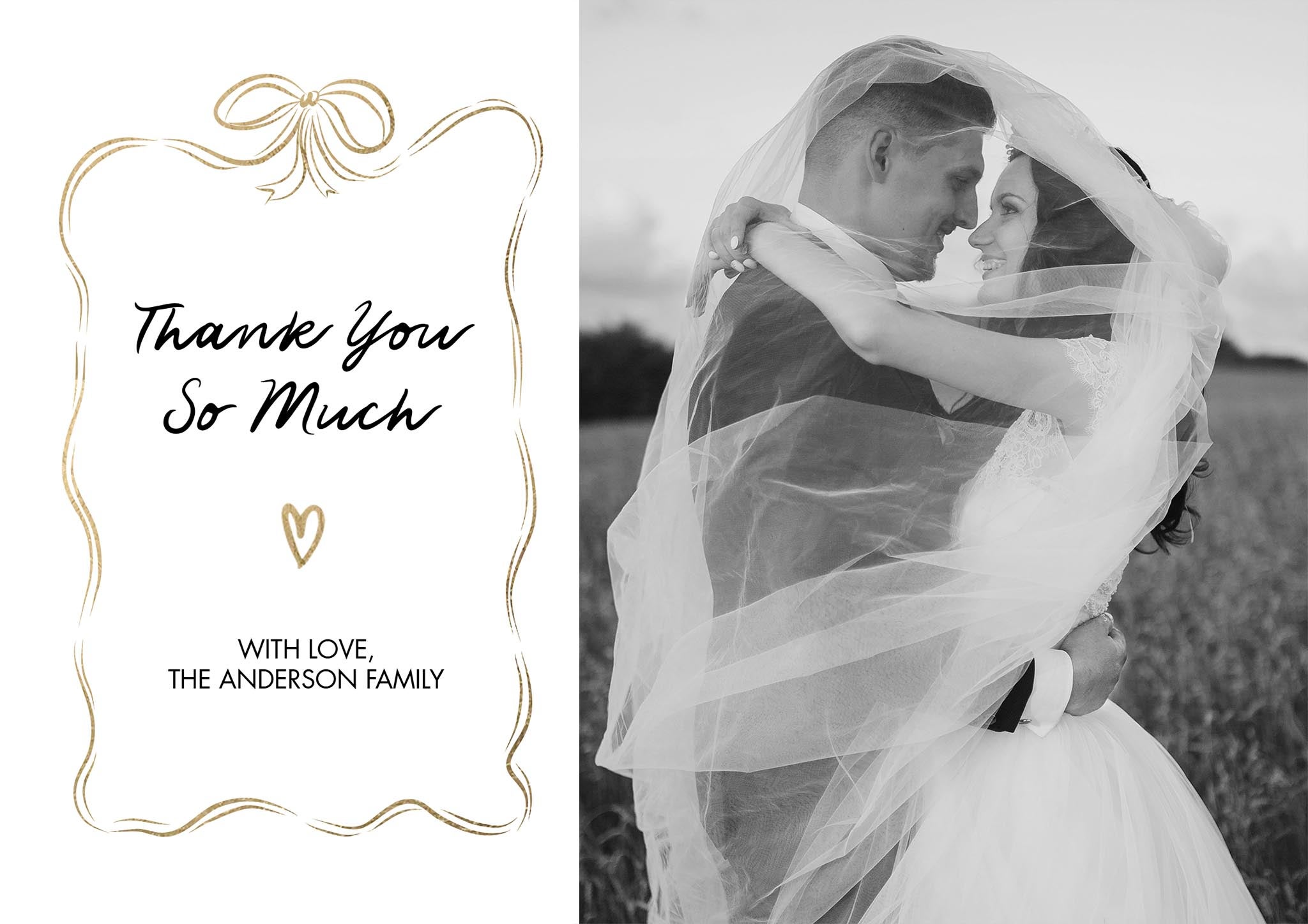 Thank You Ribbon Heart Premium Double Sided Photo Card in Gold, 5x7, Landscape
