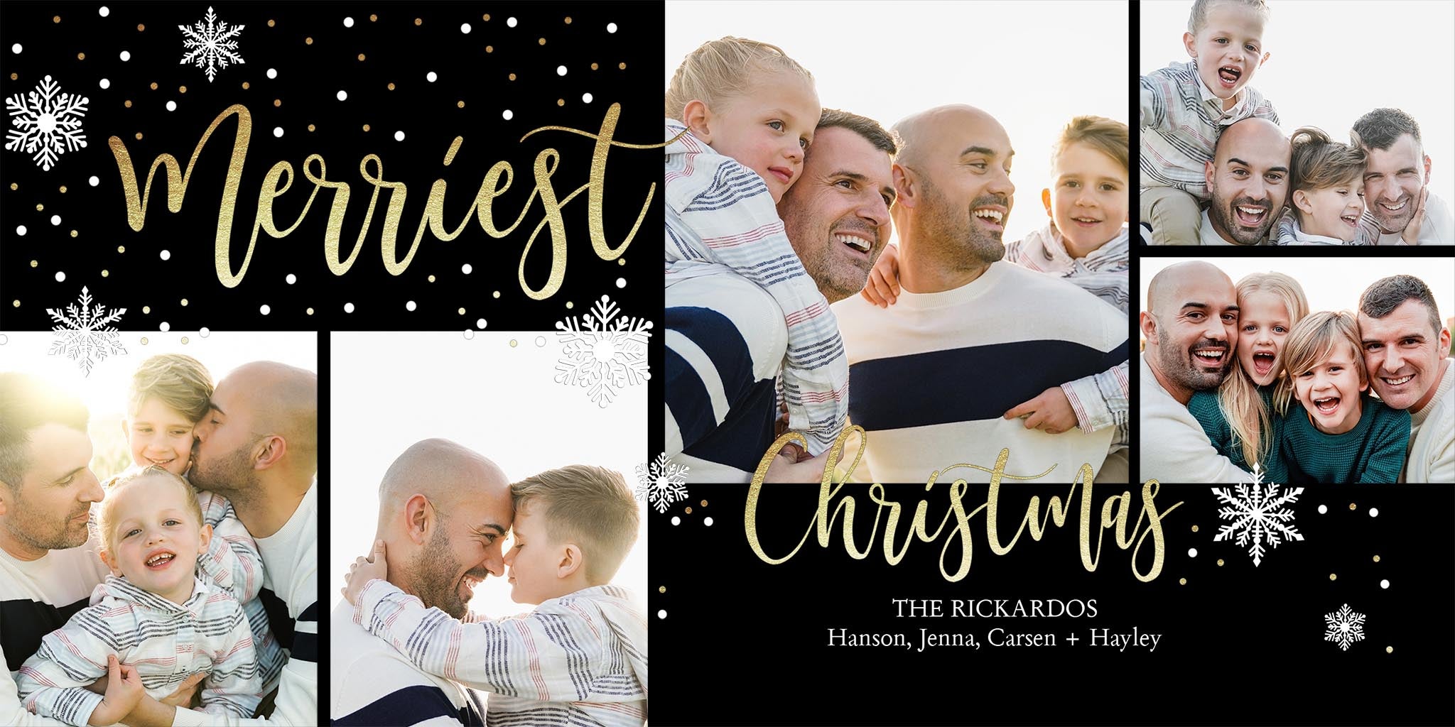 Gold Snowfall Collage Photo Card, Square in Black, 4x8, Horizontal
