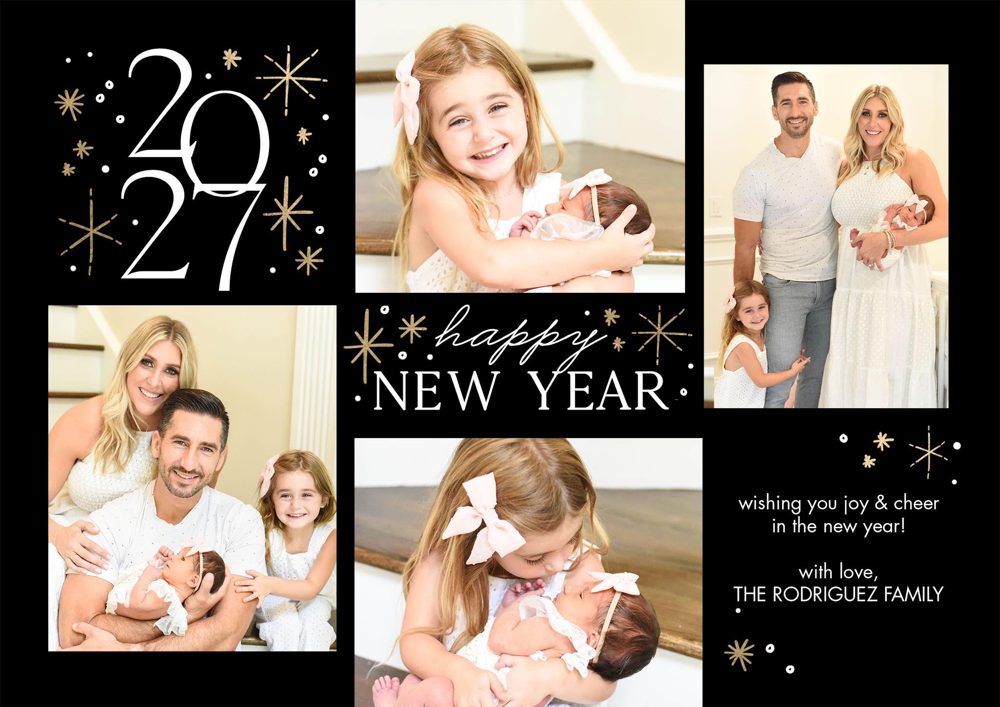 New Year 2027 Sparkling Premium Double Sided Photo Card in Gold, 5x7, Landscape