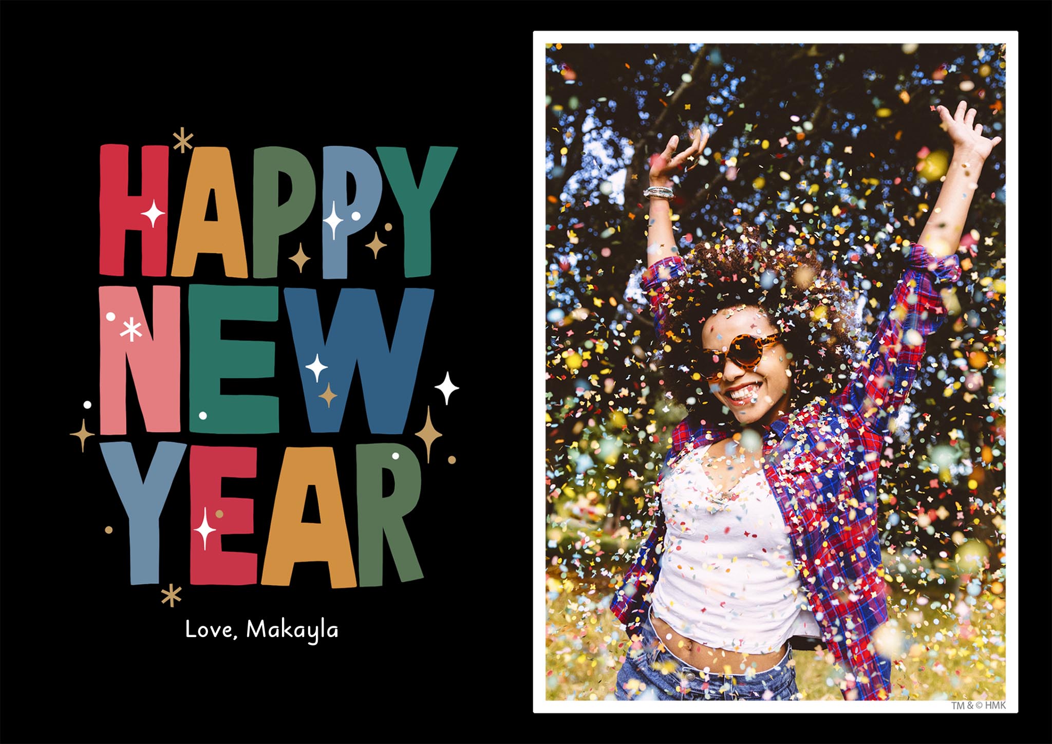 Happy Sparkly New Year Single Sided Photo Card in Black, 5x7, Horizontal