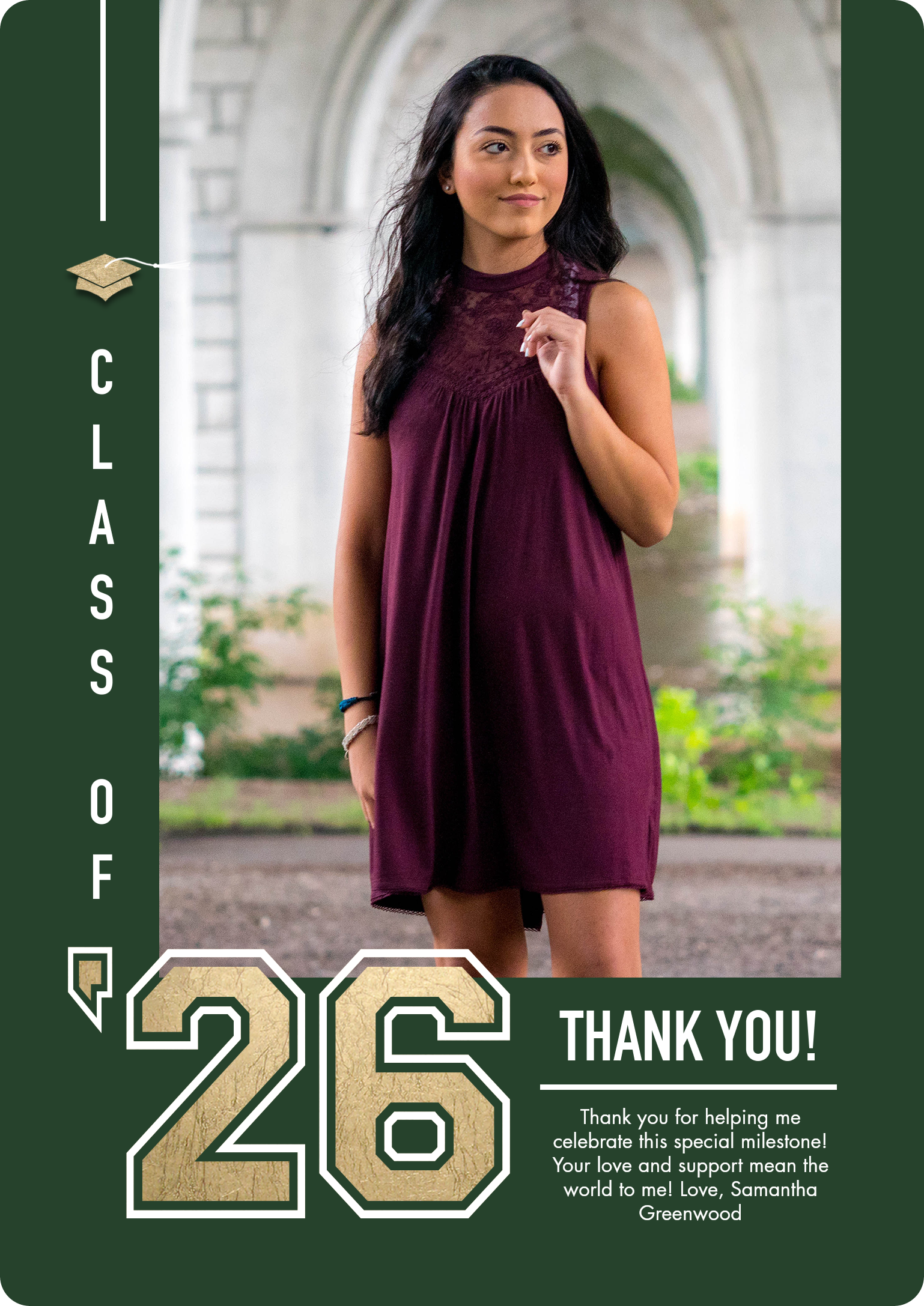 Grad Thank You 2026 Collegiate Premium Double Sided Photo Card in Green, 5x7, Vertical