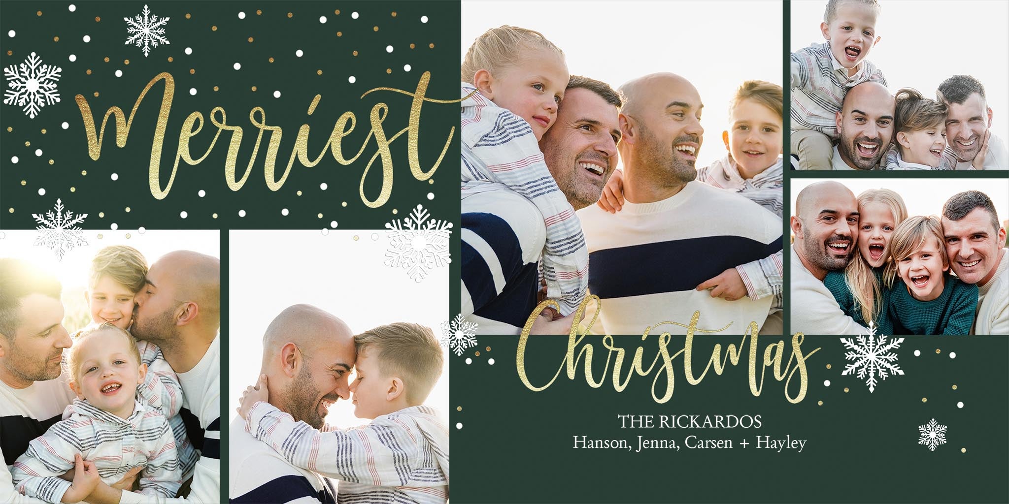 Gold Snowfall Collage Photo Card, Square in Green, 4x8, Horizontal