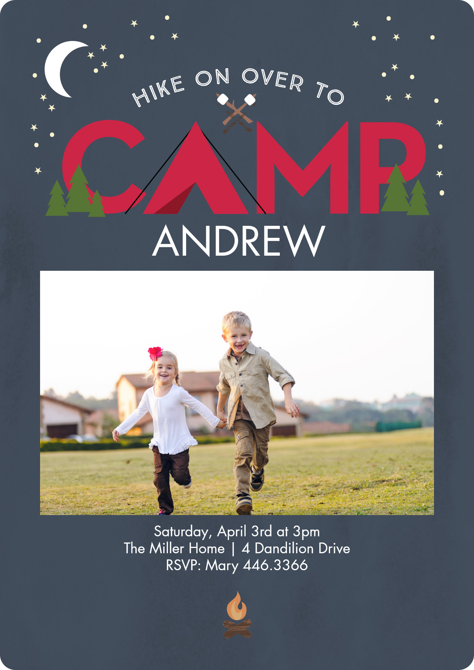 Come Out To Camp Premium Double Sided Photo Card in Grey, 5x7, Vertical