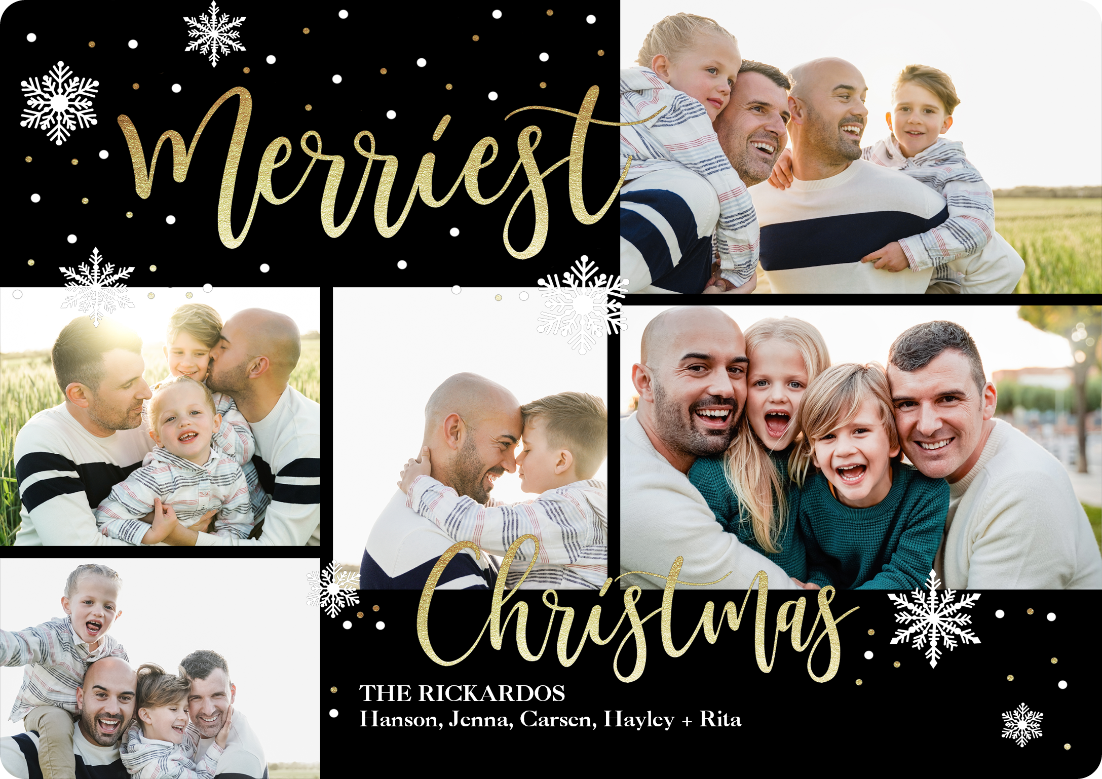 Gold Snowfall Collage Premium Double Sided Photo Card in Black, 5x7, Horizontal