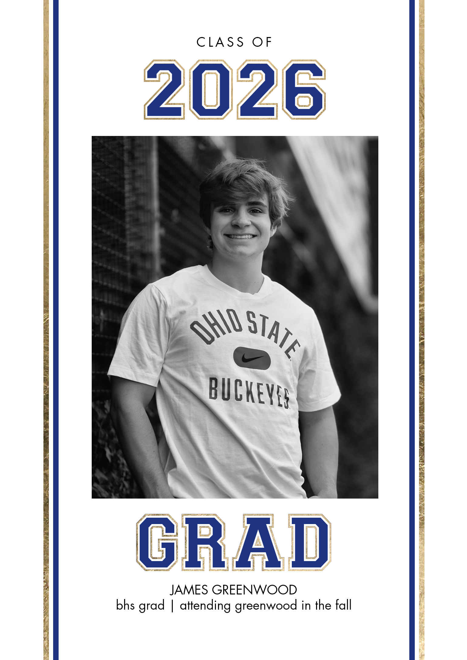 2026 Grad Bold Stripes Premium Double Sided Photo Card in Blue, 5x7, Vertical