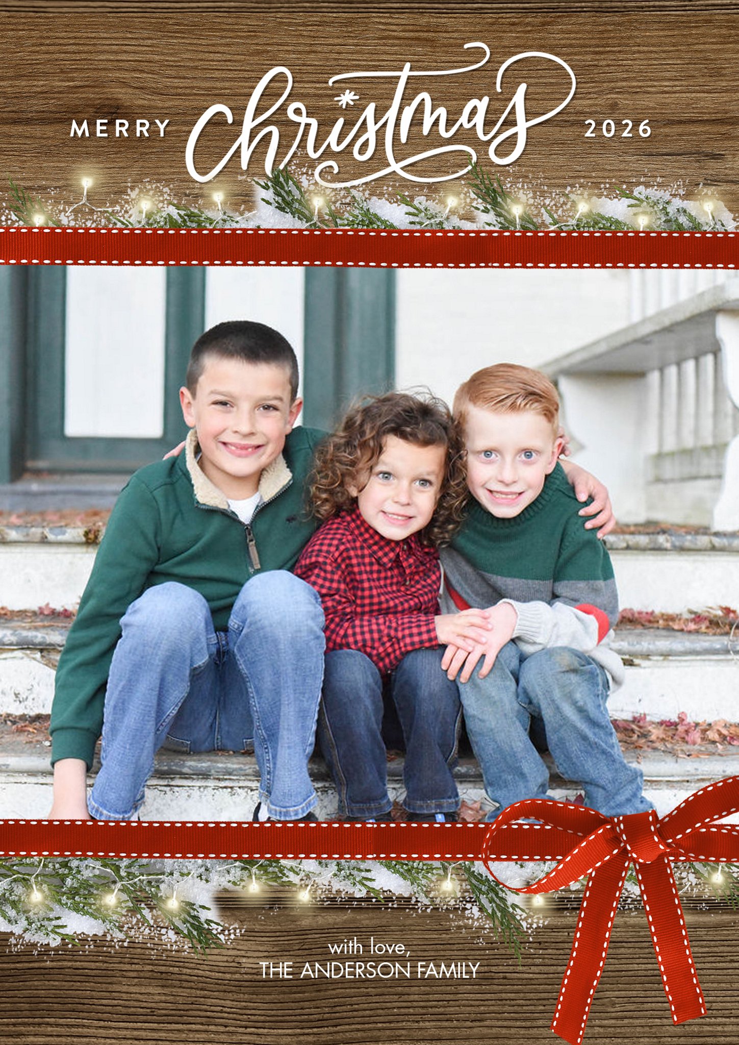Christmas 2026 Rustic Bow Premium Double Sided Photo Card in Brown, 5x7, Portrait