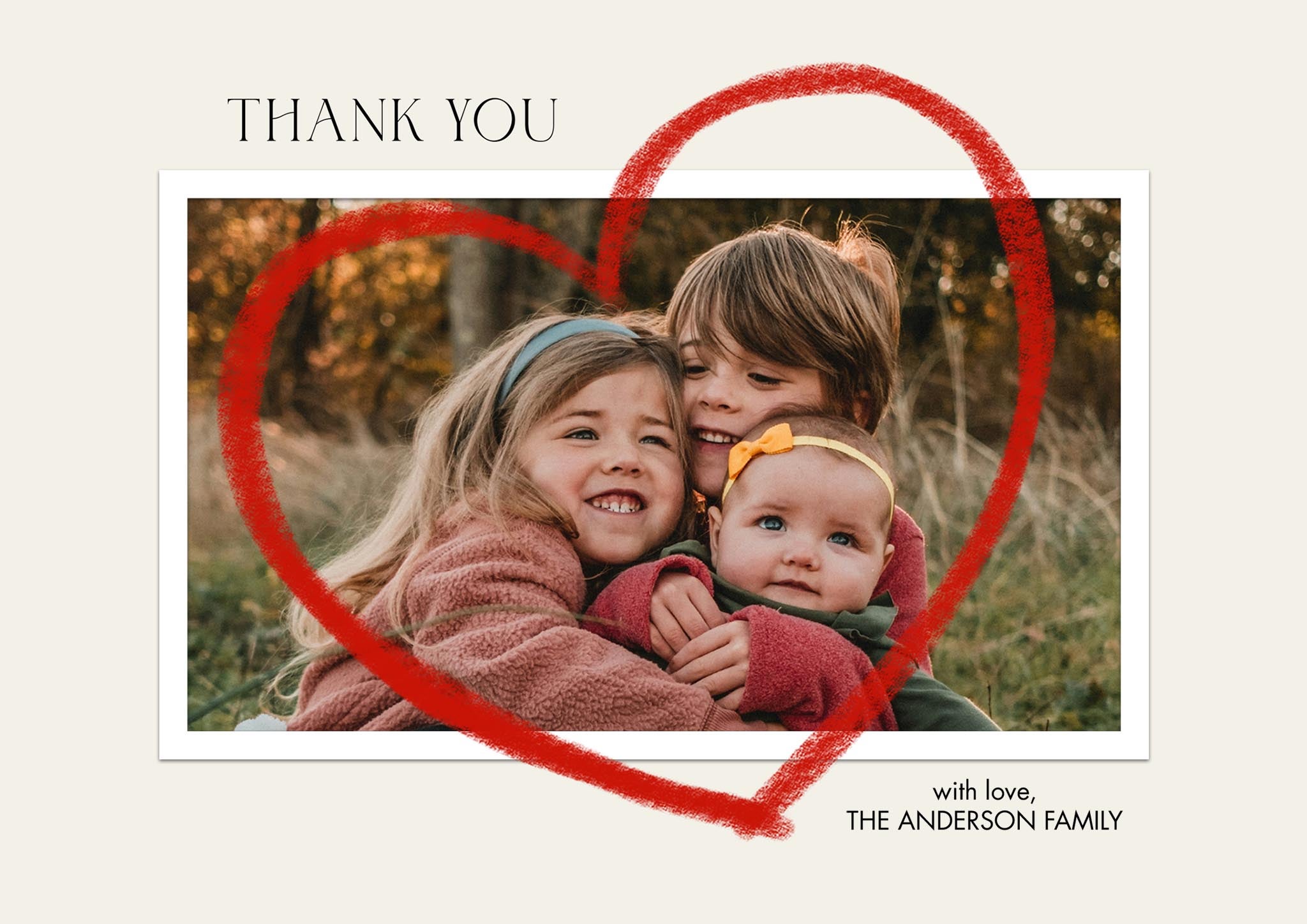 Thank You Drawn Heart Premium Double Sided Photo Card in Red, 5x7, Landscape