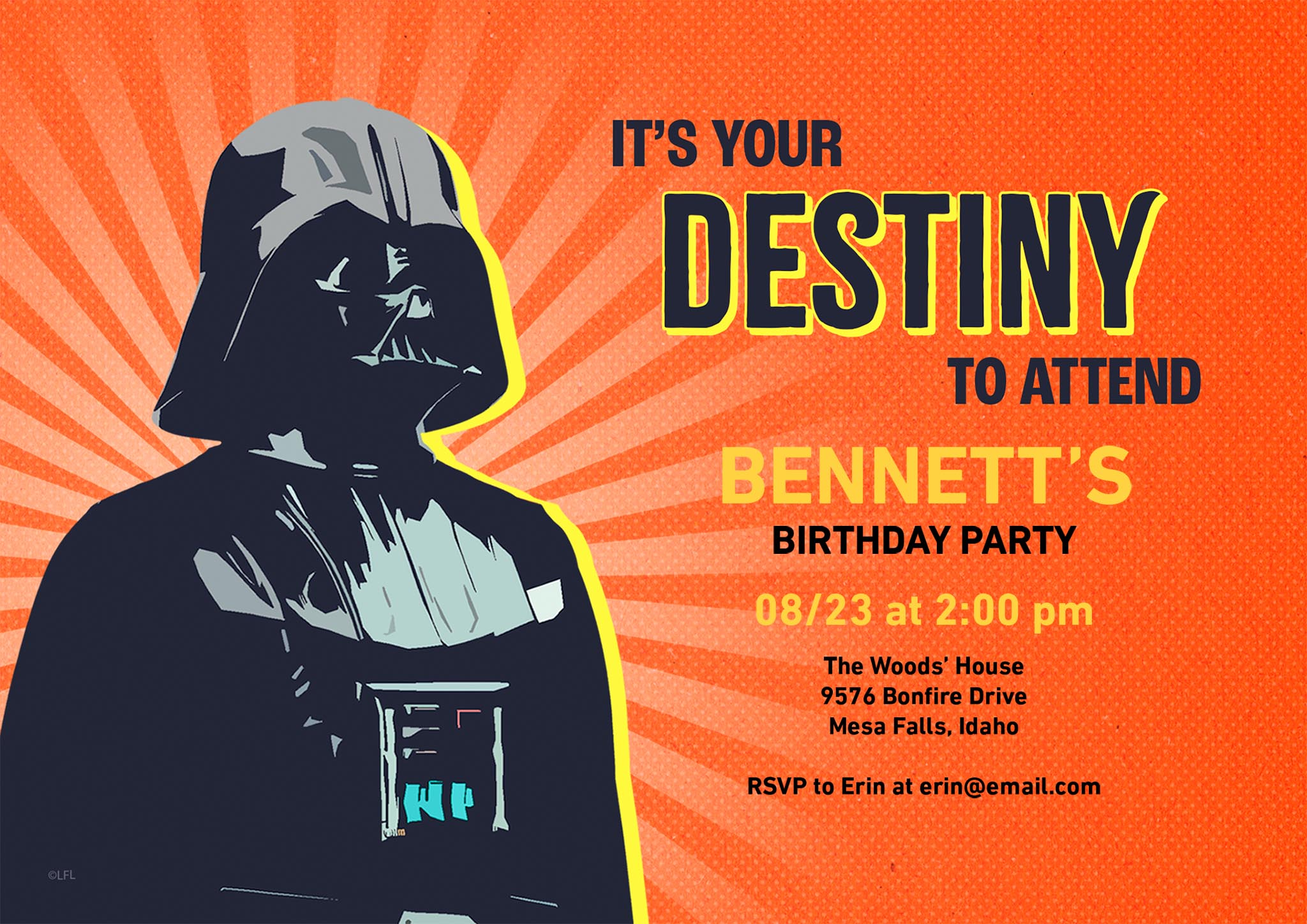Star Wars Darth Vader Invitation Single Sided Photo Card in Orange, 5x7, Horizontal