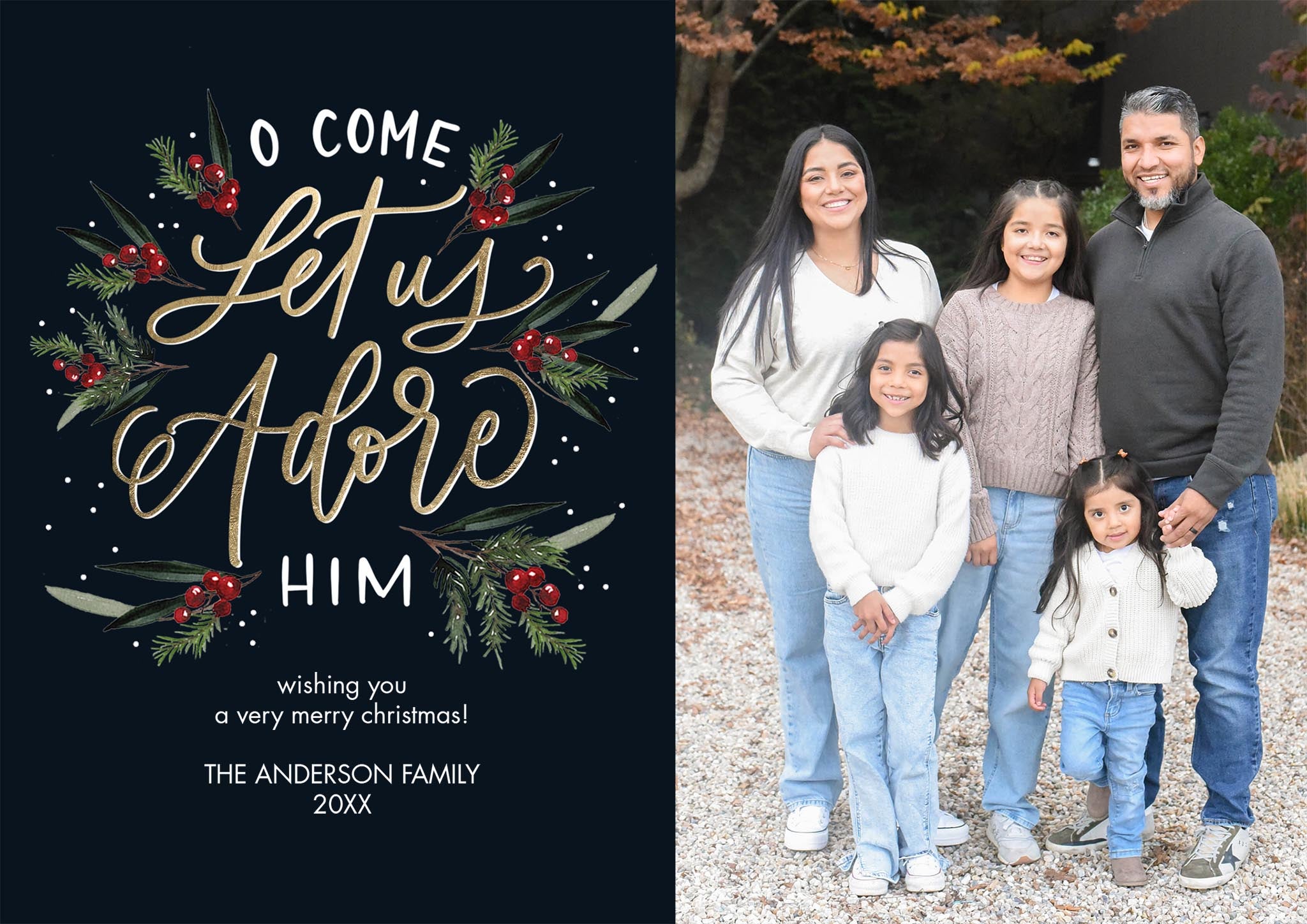 Christmas Let Us Lettering Premium Double Sided Photo Card in Blue, 5x7, Landscape