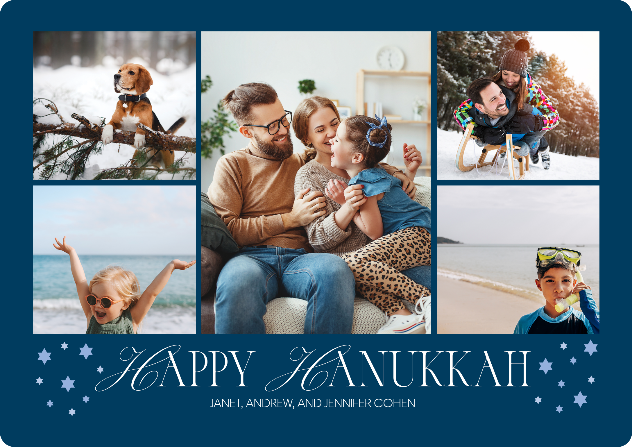 Hanukkah Collage Premium Double Sided Photo Card in Blue, 5x7, Horizontal