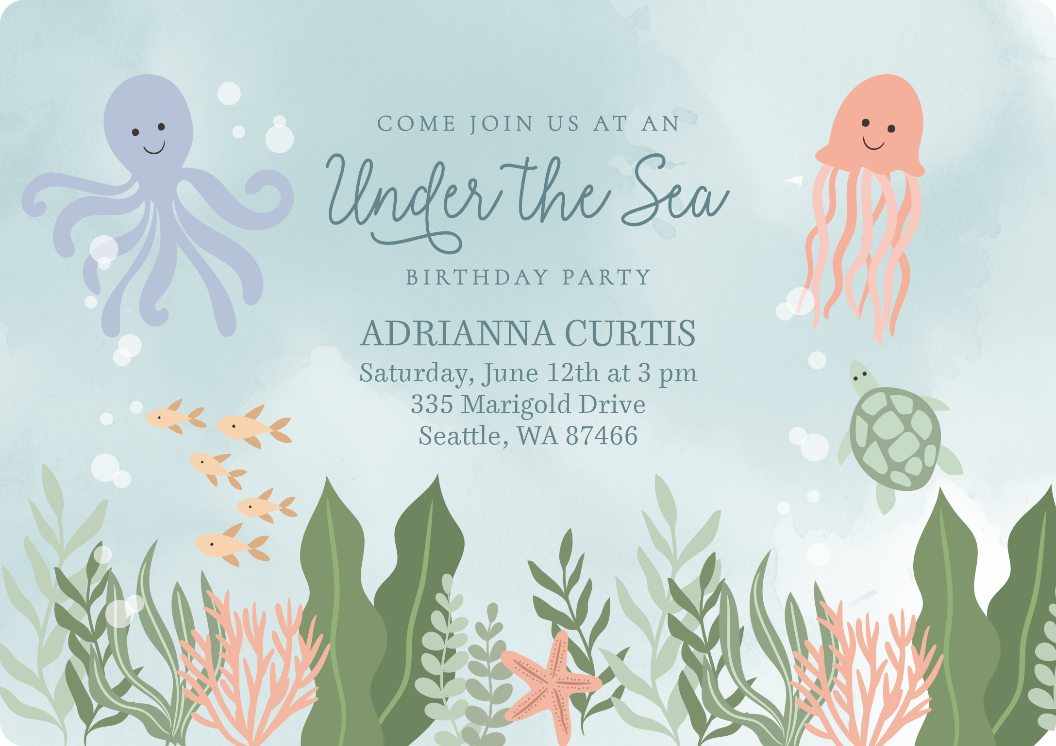 Under The Sea Celebration Premium Double Sided Photo Card in Blue, 5x7, Horizontal